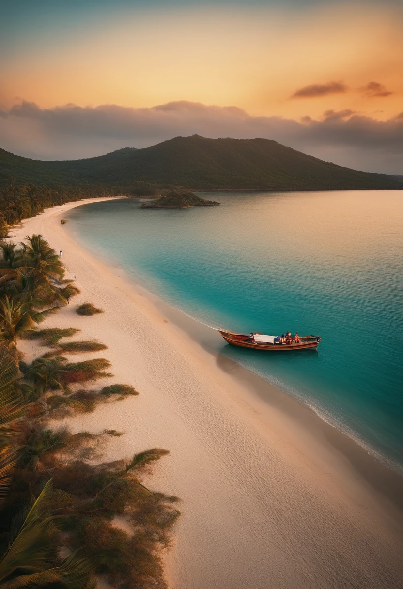 Isotic beach with boat full of young people