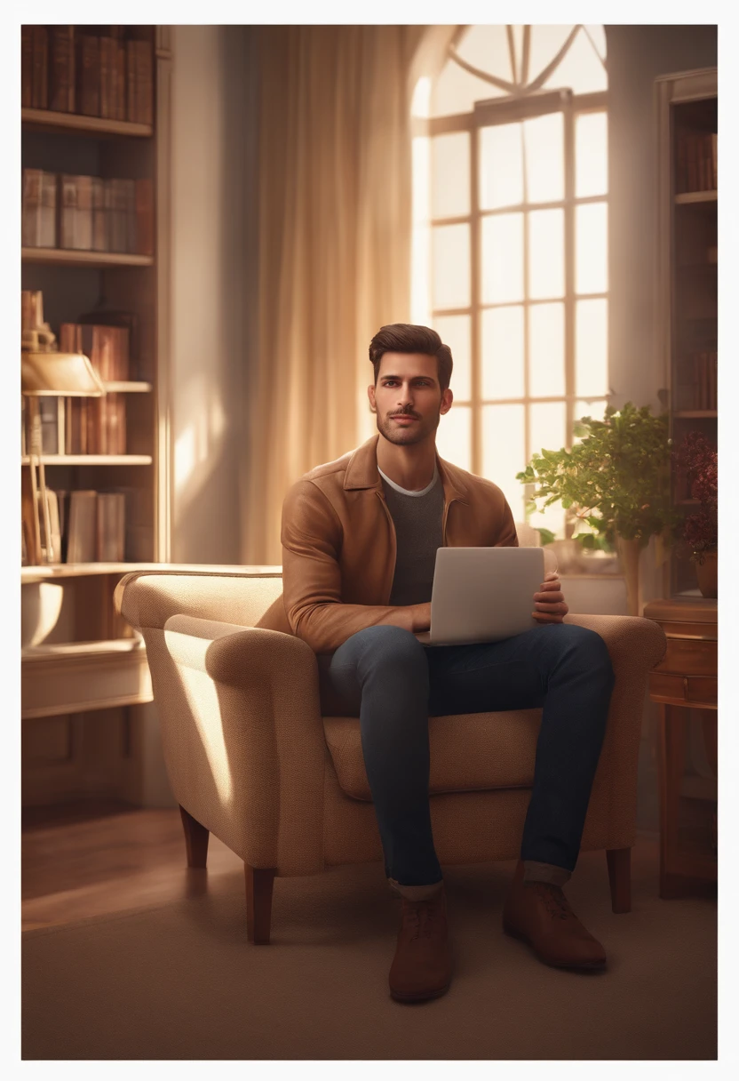 (photorealistic:1.2,fictitious:0.9,)hacker portrait, in a modest setting, male, short hair, unshaved, smart-looking, piercing brown eyes, thoroughly-defined jawline, long nose, convincing expression, friendly smile, unathletic figure, casual dressed, sitting in a simple armchair with a sturdy laptop in front of him, soft diffused warm white lighting, warm color scheme, spartanic interior decor, bookshelf in the background, linux artwork on the wall, natural sunlight streaming through the window, a hint of mystery in the atmosphere.