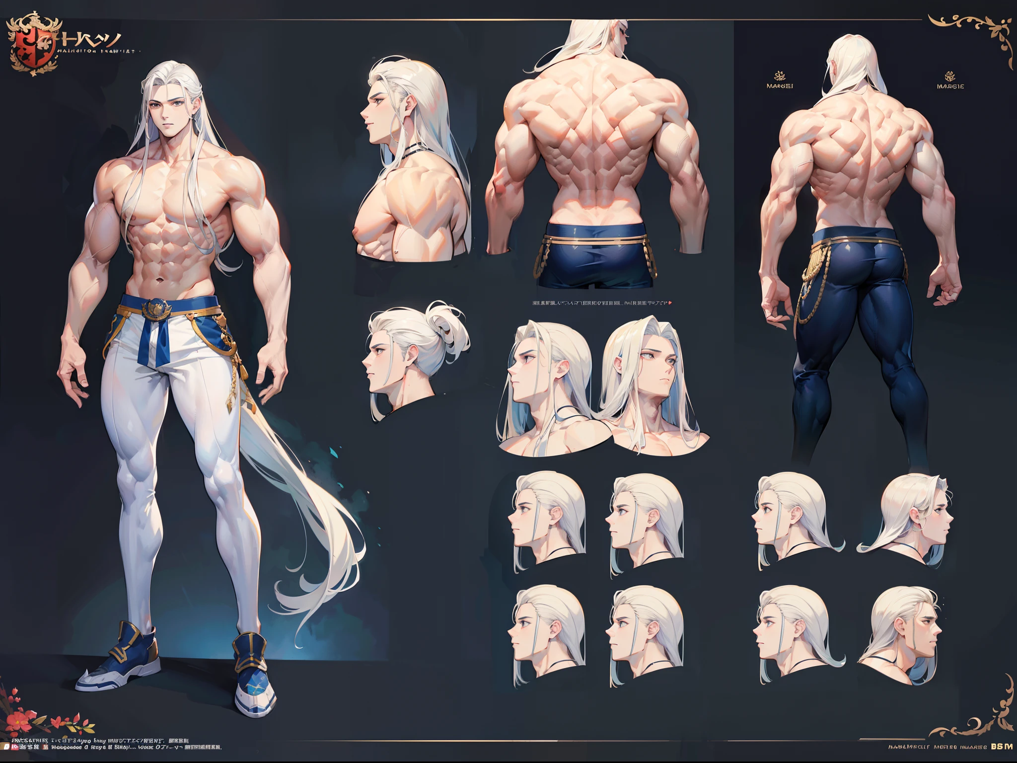 ((Masterpiece, Highest quality)), Detailed face, character design sheet, full bodyesbian, Full of details, frontal body view, back body view, Highly detailed, Depth, Many parts, Muscle boy with ponytail long white hair,handsome man, muscle body, navy, commander, man tall