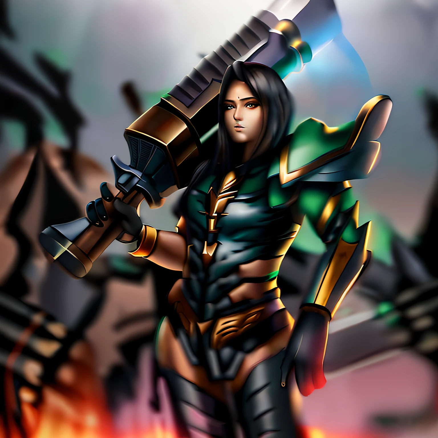 (((dark ash skin))), female warrior with short gun in hand, in ancient black and bronze armor, collectible card art, ((Bright white eyes)), Night, Moonlight, High quality