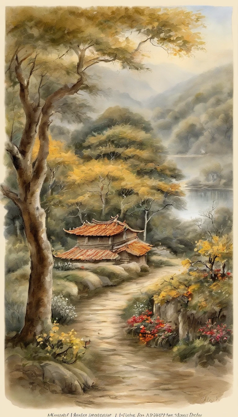 Um templo pitoresco estilo da dinastia Han,Um monge medita em frente a um mosteiro(clivagem em close-up),Sente-se e medite,Pratique Zen,pagode,Grass,tree,Floral,The bird,Vista de outono,the setting sun,(Pintura de paisagem chinesa),(pintura a tinta e aquarela),(Papel de parede 8k),(Efeito de Luz e Sombra),rendering by octane,White balance design,Extremely detailed image representation,Wide angles,profundidade de campos,tmasterpiece,realista,lindamente retratado,um detalhado,acurate,Obras de mestres,tmasterpiece
