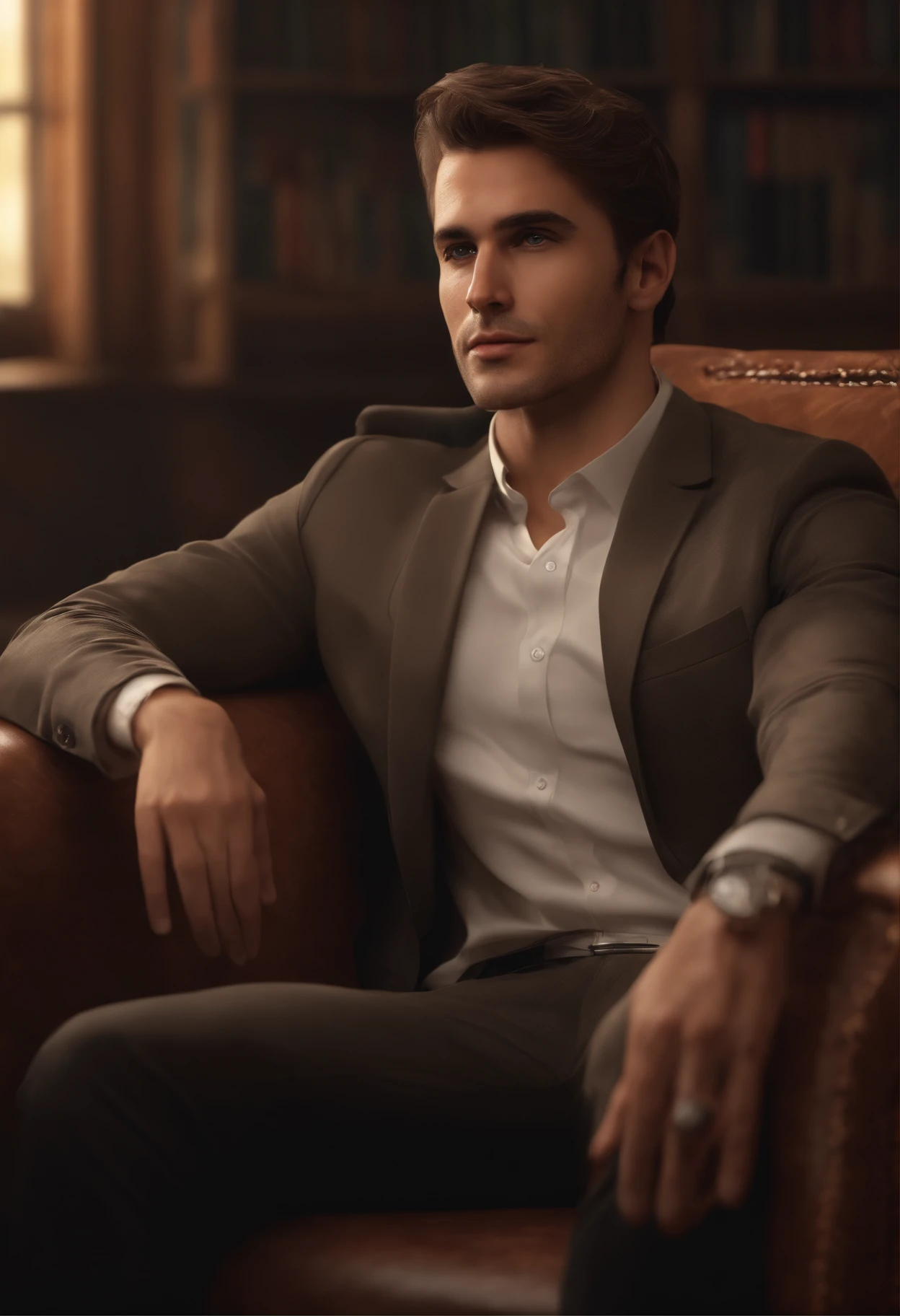(photorealistic:1.2,fictitious:0.9,)hacker portrait, in a modest setting, male, short hair, unshaved, smart-looking, piercing brown eyes, thoroughly-defined jawline, long nose, convincing expression, friendly smile, unathletic figure, casual dressed, sitting in a simple armchair with a sturdy laptop in front of him, soft diffused warm white lighting, warm color scheme, spartanic interior decor, bookshelf in the background, linux artwork on the wall, natural sunlight streaming through the window, a hint of mystery in the atmosphere.