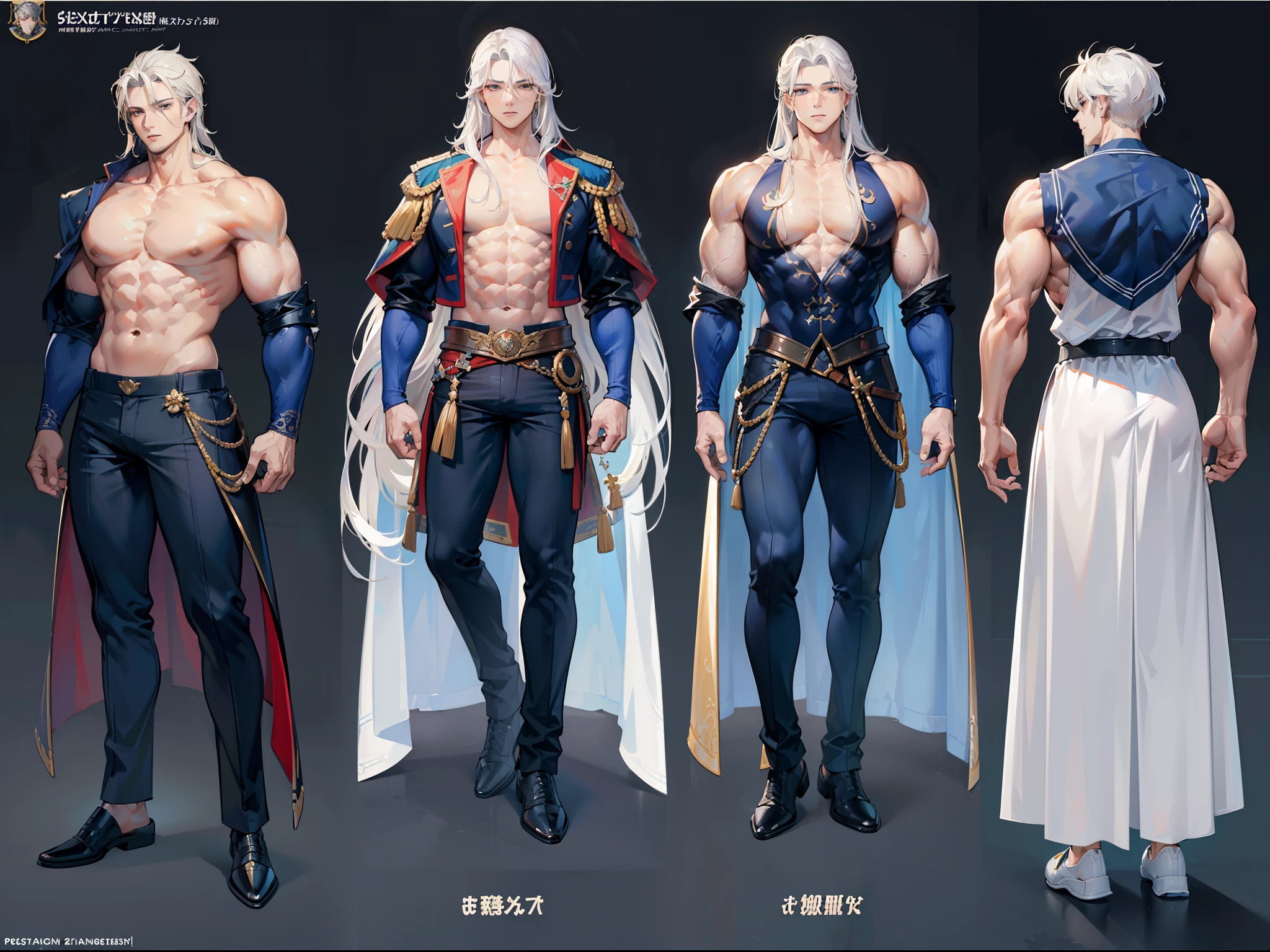 ((Masterpiece, Highest quality)), Detailed face, character design sheet, full bodyesbian, Full of details, frontal body view, back body view, Highly detailed, Depth, Many parts, Muscle boy with long white hair,handsome man, muscle body, navy, commander, man tall, pectoral muscles, abs