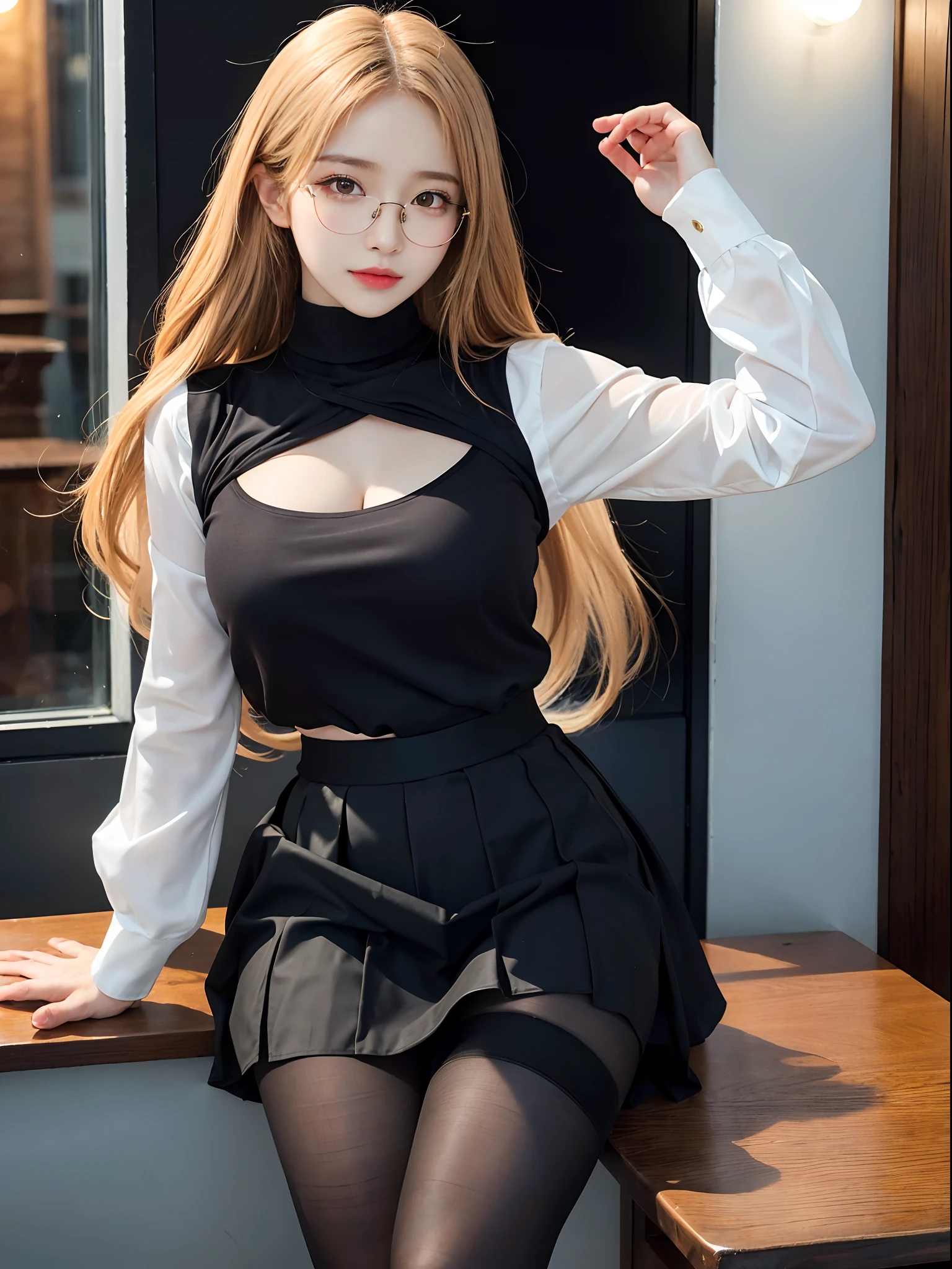 ulzzang -6500-v1.1, (Raw photo:1.2), (Photorealistic:1.4), Beautiful detailed girl, Very detailed eyes and face, Beautiful detailed eyes, Ridiculous, Incredibly ridiculous, Huge file size, super detailed, High resolution, Very detailed, Best Quality, masutepiece, ((fashion clothing with diverse colors)), Illustration, Very detailed, nffsw, unified, 8K Wallpaper, amazing, Fine detail, masutepiece ,Best Quality, Highly detailed ticker uniform 8k wallpaper, Light on Face, Movie Lighting, 1girl in, 16 years old, long white hair, side split, (Big breasts), ()), (Glasses), ((Dynamic Pose))), ((Sexy Pose))), (Camel toe), (half), (pantyhose)), ((Black hip skirt))