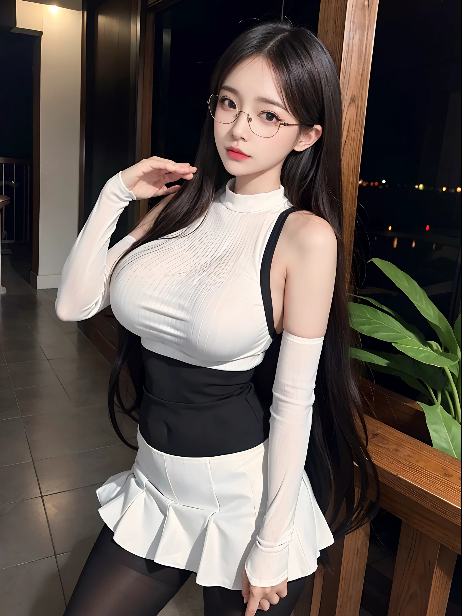 ulzzang -6500-v1.1, (Raw photo:1.2), (Photorealistic:1.4), Beautiful detailed girl, Very detailed eyes and face, Beautiful detailed eyes, Ridiculous, Incredibly ridiculous, Huge file size, super detailed, High resolution, Very detailed, Best Quality, masutepiece, ((fashion clothing with diverse colors)), Illustration, Very detailed, nffsw, unified, 8K Wallpaper, amazing, Fine detail, masutepiece ,Best Quality, Highly detailed ticker uniform 8k wallpaper, Light on Face, Movie Lighting, 1girl in, , long white hair, side split, (Big breasts), ()), (Glasses), ((Dynamic Pose))), ((Sexy Pose))), (Camel toe), (half), (pantyhose)), ((Black hip skirt))