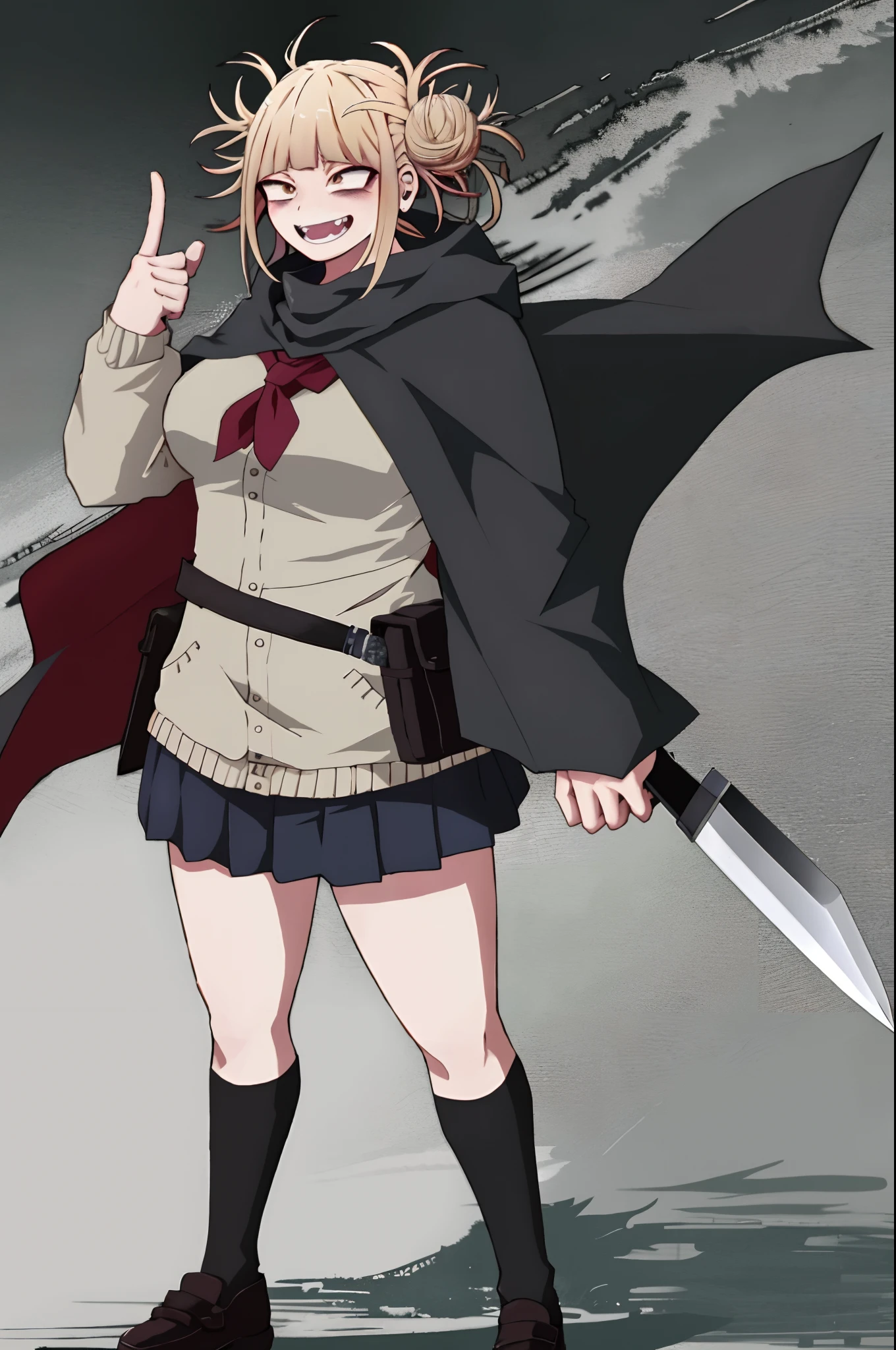 Toga Himiko , full body, standing ,smile, sharpteeth,cloak, fantasy, knife holding, long skirt,, big breast, curvy, solo