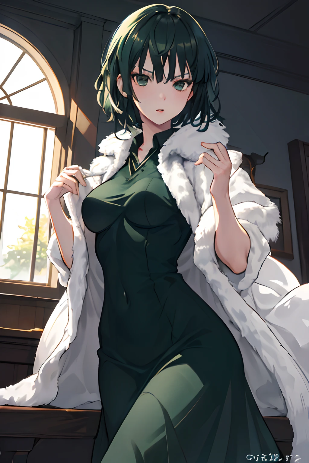 Masterpiece, Best Picture Quality, (Realism, Realism: 1.37), 1girl, Short Dark Green Hair, stylish, green dress with a fur coat, Looking at the Audience,