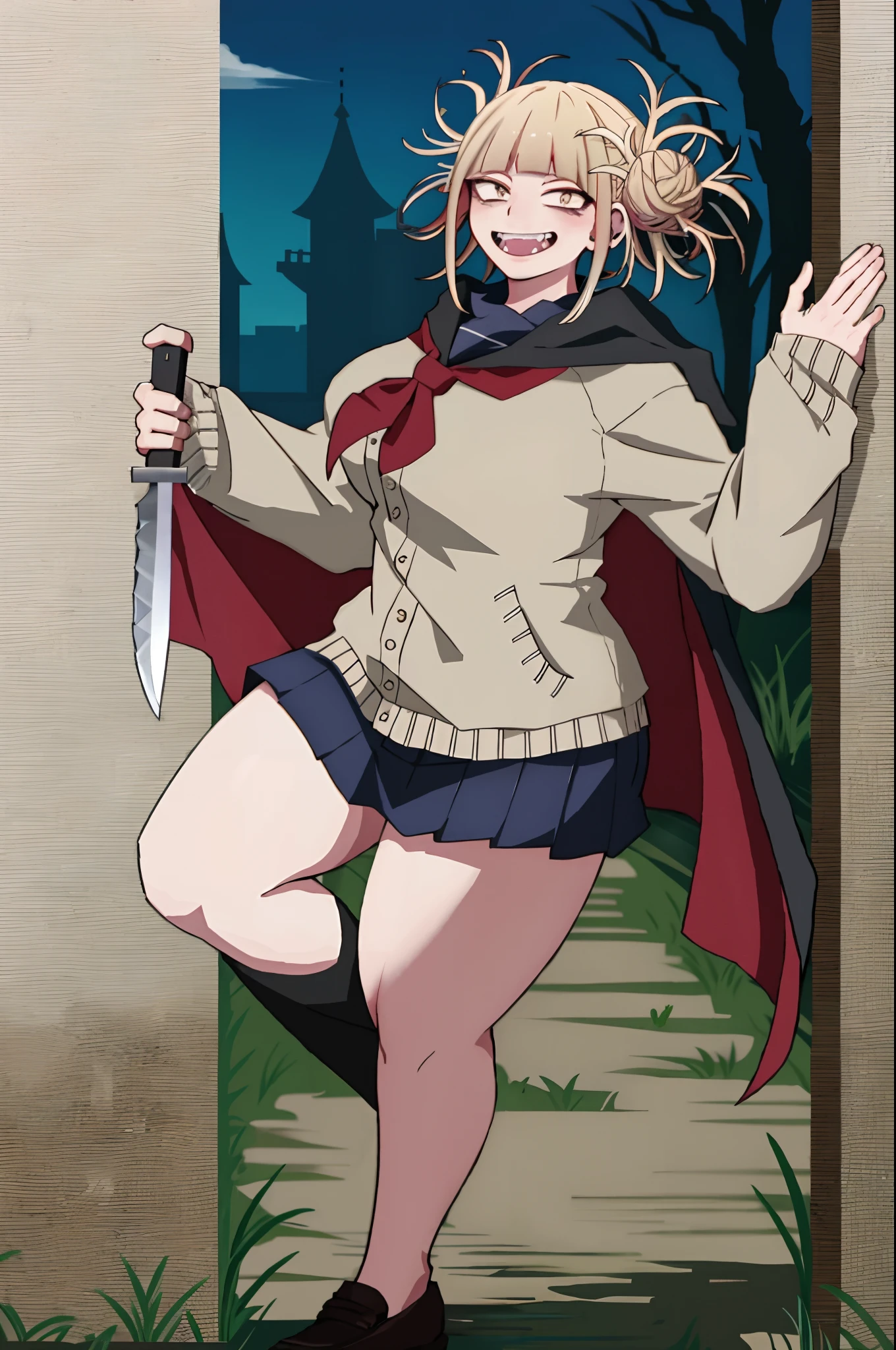 Toga Himiko , full body, standing ,smile, sharpteeth,cloak, fantasy, knife holding, long skirt,, big breast, curvy, solo