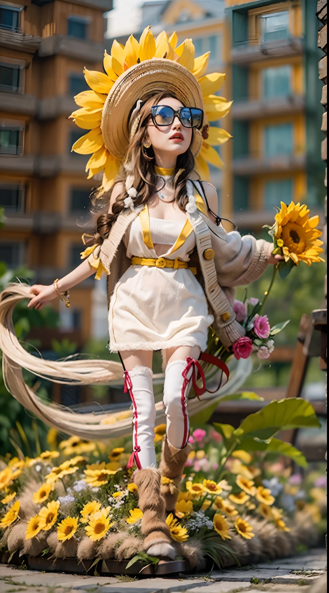 In a very grand scene,The extra-large wide-angle lens captures the appearance of a female centaur。She is a Sunflower Worship nun,Always opposed(Healing emoji smiley face of knitted sunflower puppet😊:99.99)DOA。She is tall,It has the ultimate curvy beauty,The muscles are slender and firm,Beautiful lines。She has(Super huge sky blue eyes:99.99)、always(Wearing sexy glasses:6.66)、(She wears solemn nun attire:9.9)、Stepping on a boot-style skyscraper-heel、A pink cross hangs on his chest。Use Midjourney's advanced tools,Designed for female centaurs(A knitted sunflower puppet and create a super healing cartoon smiley face in the center of the flower tray as a decoration:9.9),and noble and solemn nun costumes,and highlight her unique physiological characteristics and appearance details,Add realism。And in the context of her prayers and listening to confessions,Spectacular views of nature,Such as the sky where storms and sunny days alternate、Brilliant rivers of stars and auroras、The snow-capped summit of Mount Everest、Fireworks in the mountain town, etc。ao mesmo tempo,Away from the hustle and bustle next to the chapel,Create a fantastic scene。Use Midjourney's advanced tools and multiple color palettes、Brush Strokes、Texture tools and model packages,It shows a sense of atmosphere where beauty and charm coexist。The charm of the female centaur is highlighted through color and lines,Enhance realism with detailing,Create a surreal dreamy feeling。Additionally,Use Midjourney's tools to add various exorcism props and books to the female centaur、pergaminhos,Create intricate hairstyles and outfits,Give her a sense of premium。She never flinches,No matter what monster you encounter,can respond quickly,Even the most extreme armies of natural disasters and monsters could not stop her and her front(Sunflower with Tyndall effect that emits sunlight9.99)。Use Midjourney's powerful tools,You can do it with incredible detail and beauty,Bring this ultra-grand and beautiful scene to life。Ultra-grand sc