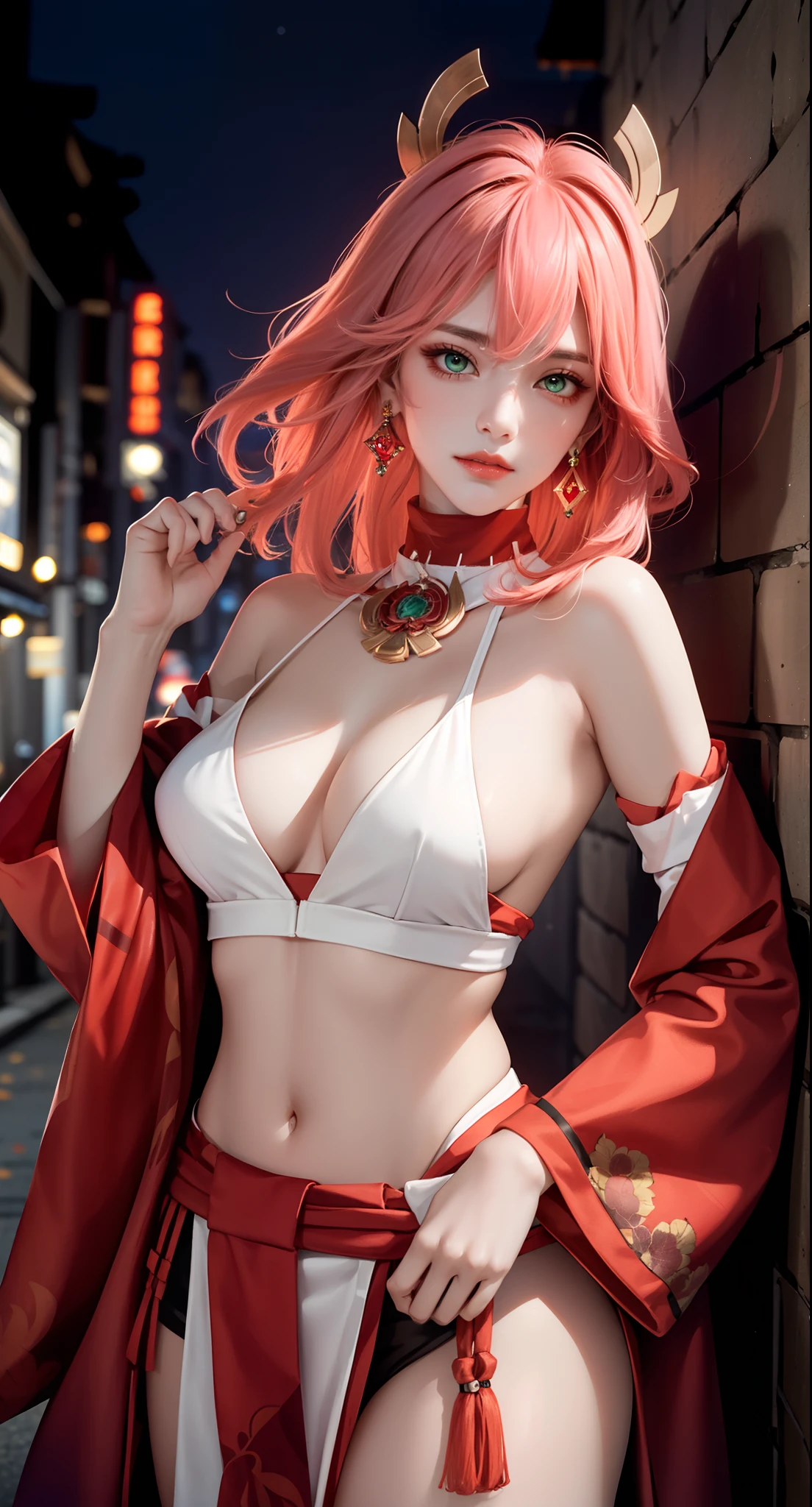 (Masterpiece, Excellent, 1girl, solo, complex details, color difference), realism, ((medium breath)), off-the-shoulders, big breasts, sexy, Yae Miko, long pink hair, red headdress, red highlight, hair above one eye, green eyes, earrings, sharp eyes, perfectly symmetrical figure, choker, neon shirt, open jacket, turtleneck sweater, against the wall, brick wall, graffiti, dim lighting, alley, looking at the audience, ((mean, seductive, charming)), ((autumn background))), ((tokyo background)))), (((luminous background))), (dynamic pose), tulle, bare shoulders, blooming flower fields, radiant skin, faint smile, sexy, bust, no breast cover, naked, cocked ass, tummy look