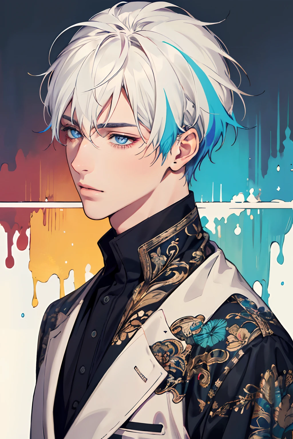 Realistic, (Masterpiece, Top Quality, Best Quality, Official Art, Beauty and Aesthetics: 1.2), Very Detailed, Fractal Art, Colorful, Most Detailed, (colorful Background: 1.5) (1 man: 1.3), White Hair, Short Hair, blue eyes