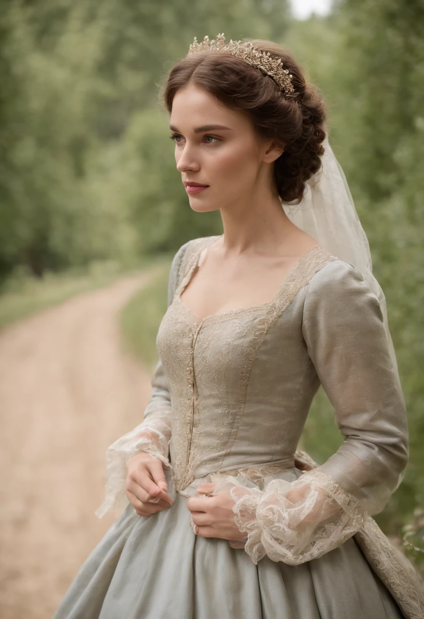 Foto RAW. Anna Karenina 22 anos, dresses in period clothes, Russia, 19th century d.C., perspectiva, Detalhe de meio corpo, foco nítido, ligeira mistura, detalhe, feeling that it's medieval, (Alto Detalhe da Pele: 1,2), 8k UHD, DSLR, luz suave, alta qualidade, Fujifilm XT3 filmes granulados.