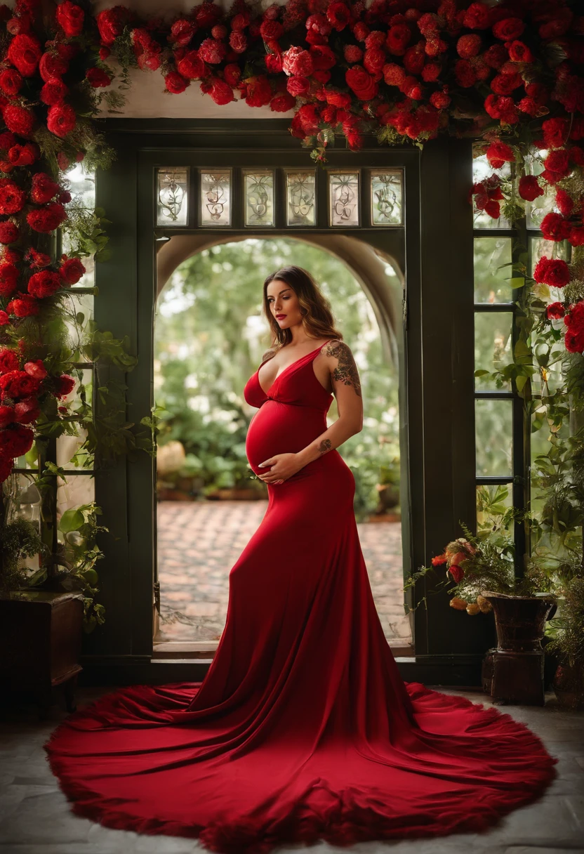 uma mulher com um vestido vermelho ((pregnant 4 )) ((nua))posando em frente a uma coroa de flores, ((nua)) pubis with (pelos) (((tatuagem))) Directed by: Gabriel Ba, pose elegante e deslumbrante, Directed by: Mario Dubsky, Directed by: Nikola Avramov,