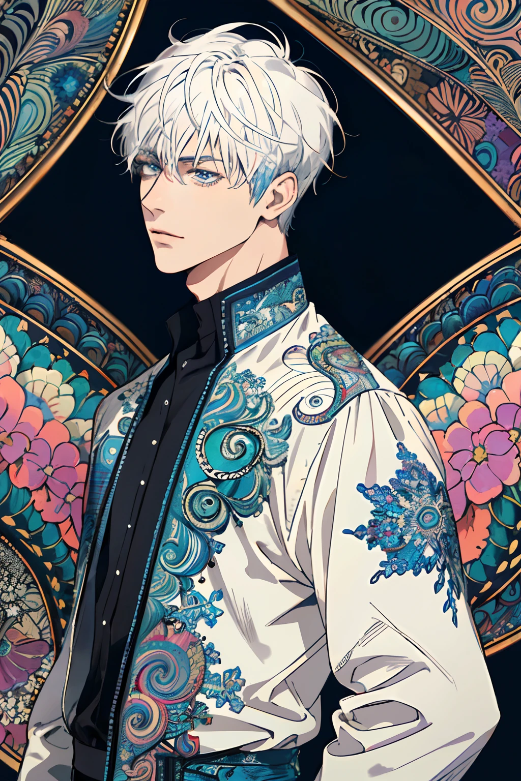 Realistic, (Masterpiece, Top Quality, Best Quality, Official Art, Beauty and Aesthetics: 1.2), Very Detailed, Fractal Art, Colorful, Most Detailed, Zentangle, (colorful Background: 1.5) (1 man: 1.3), White Hair, Short Hair, blue eyes