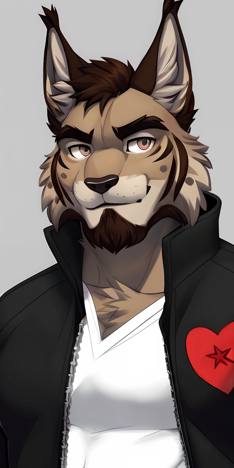 Complete portrait of an adult male lynx, grey fur, Brown rosette pattern, mature adult, Rude look, Beard, Robust construction, Wearing a jacket, looking a viewer, Calm expression (Soft smile)