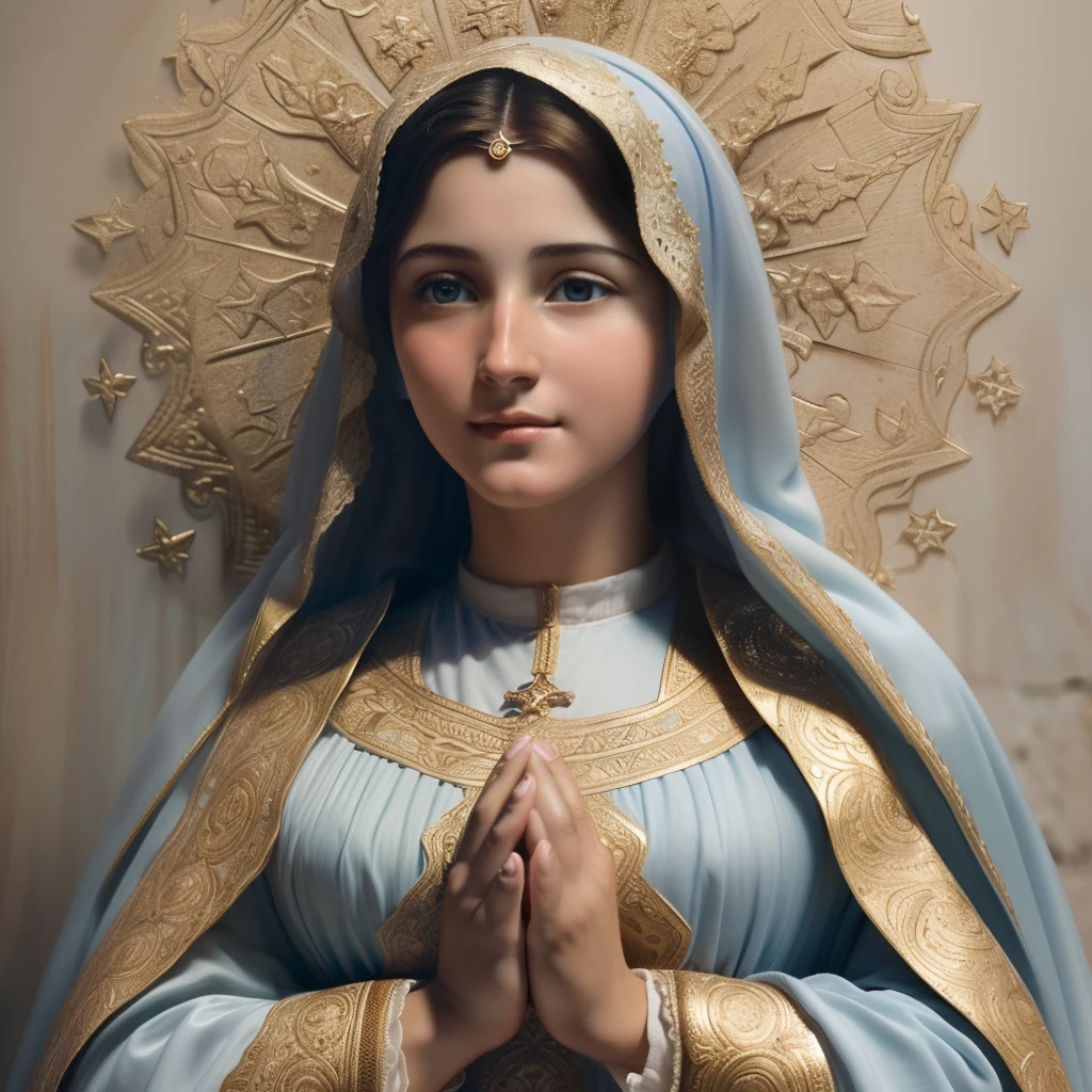 (((Blessed Virgin Mary of Mount Carmel))) Luminoso, en estilo similar al del artista WILLIAM ADOLPHE BOUGUEREAU, obra maestra, (La mejor calidad: 1.2), (super fine: 1.2), illustration, (extremadamente delicado y hermoso: 1.2), movie angle, flotante, (Hermoso ojo de detalle: 1.1), (detalle luz: 1.1), Movie Lights, Cielo delicado, ojos azules, (Cola de caballo alta: 1.1), capa, ojuelos, cielo estrellado, (light particles: 1.1) dibujo, flor. (obra maestra), (La mejor calidad), (fotorrealista:1.3), 8k, Textura detallada de la piel, Textura detallada de la tela, hermosa cara detallada, Detalles intrincados, ultra detallado (cuerpo de cuerpo entero:1.2)