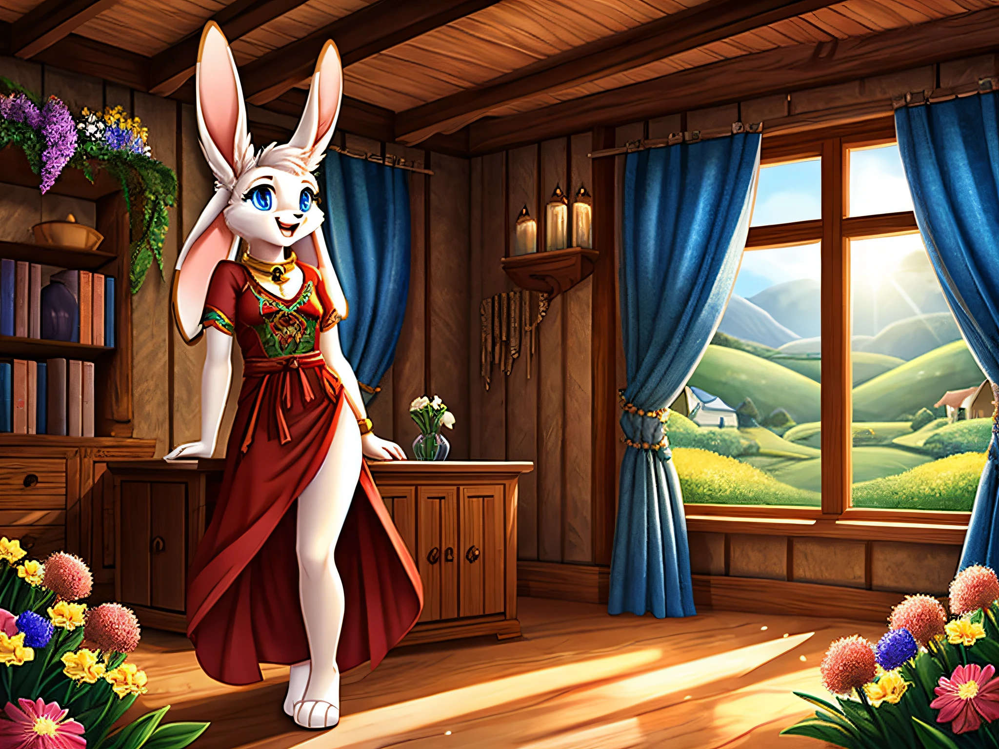 zoomed out image, fantasy style art, cute, adorable, attractive, teenage fluffy female white bunny with blue eyes, attractive body, large chest, curvy and skinny body, 4 ears, 2 extra ears, big floppy ears, long ears, ears perked up, raised ears, long eyelashes, red t-shirt with flower design, ankle length blue jeans with bell bottoms, standing in a forest cottage, hillside country cottage interior, flowers inside, big expressive smile, open mouth, wide eyes, excited eyes, excited face, stunning visuals, sunrays through the window, digital illustration