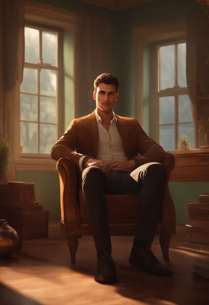 (photorealistic:1.2,fictitious:0.9,)computer geek portrait, in a modest setting, male, short hair, unshaved, smart-looking, piercing brown eyes, thoroughly-defined jawline, long nose, convincing expression, friendly smile, unathletic figure, casual dressed, sitting in a simple armchair with a sturdy laptop in front of him, soft diffused warm white lighting, warm color scheme, spartanic interior decor, bookshelf in the background, linux artwork on the wall, natural sunlight streaming through the window, a hint of mystery in the atmosphere.