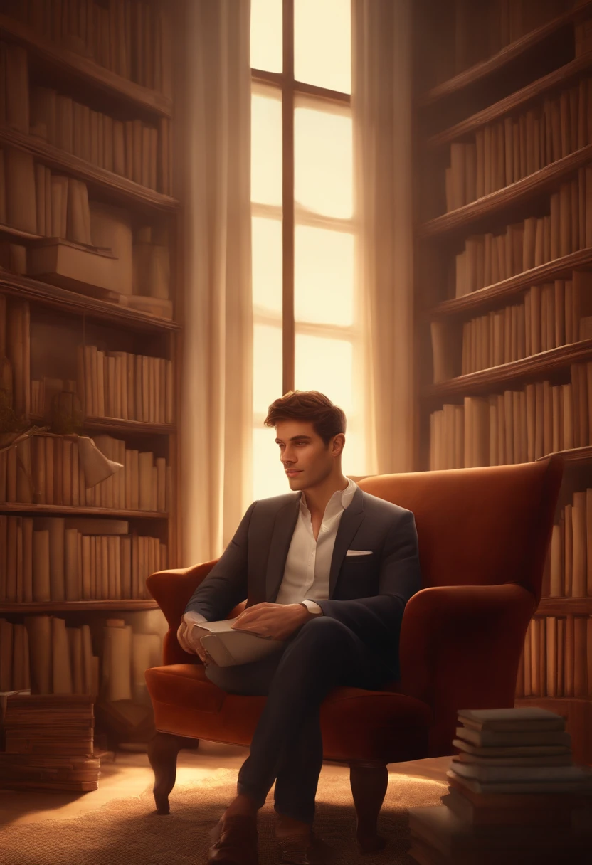 (photorealistic:1.2,fictitious:0.9,)computer geek portrait, in a modest setting, male, short hair, unshaved, smart-looking, piercing brown eyes, thoroughly-defined jawline, long nose, convincing expression, friendly smile, unathletic figure, casual dressed, sitting in a simple armchair with a sturdy laptop in front of him, soft diffused warm white lighting, warm color scheme, spartanic interior decor, bookshelf in the background, linux artwork on the wall, natural sunlight streaming through the window, a hint of mystery in the atmosphere.