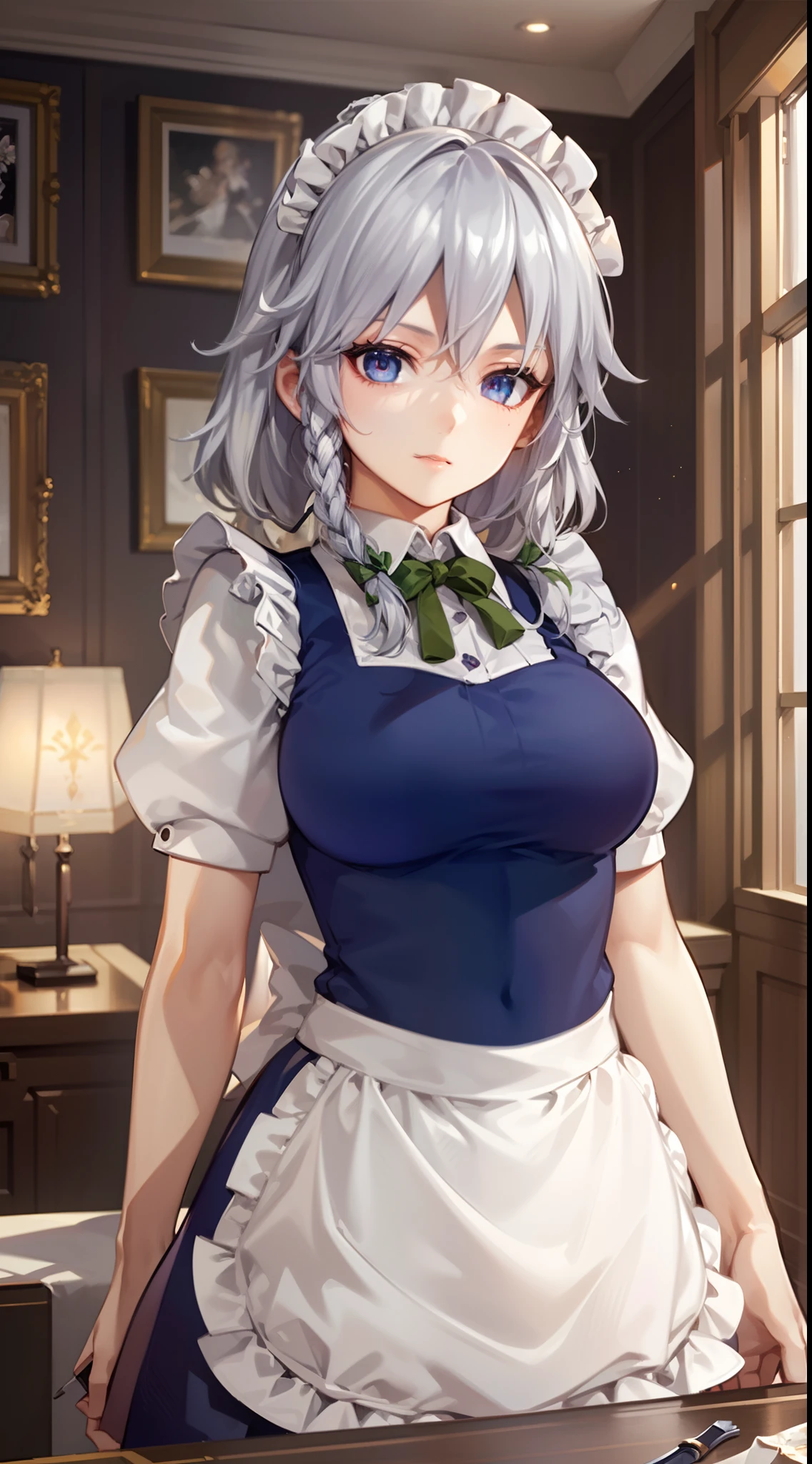 (Unity 16K Wallpaper, masutepiece, Best Quality, Ultra-detailed, extremely details CG, Cinematic lighting, Detailed, Beautiful detailed eyes, Solo),超A high resolution,Fine skin,A sexy,maid, maid apronl, Maid headdress,Holding a knife