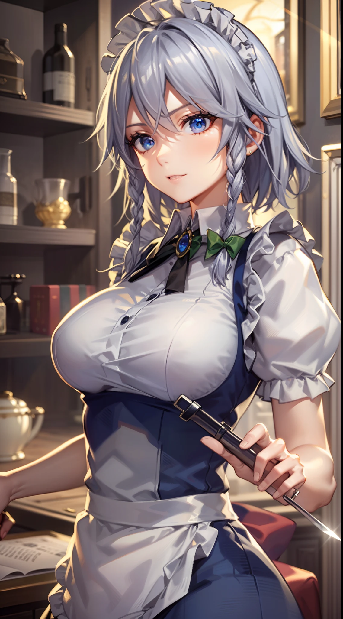 (Unity 16K Wallpaper, masutepiece, Best Quality, Ultra-detailed, extremely details CG, Cinematic lighting, Detailed, Beautiful detailed eyes, Solo),超A high resolution,Fine skin,A sexy,maid, maid apronl, Maid headdress,Holding a knife