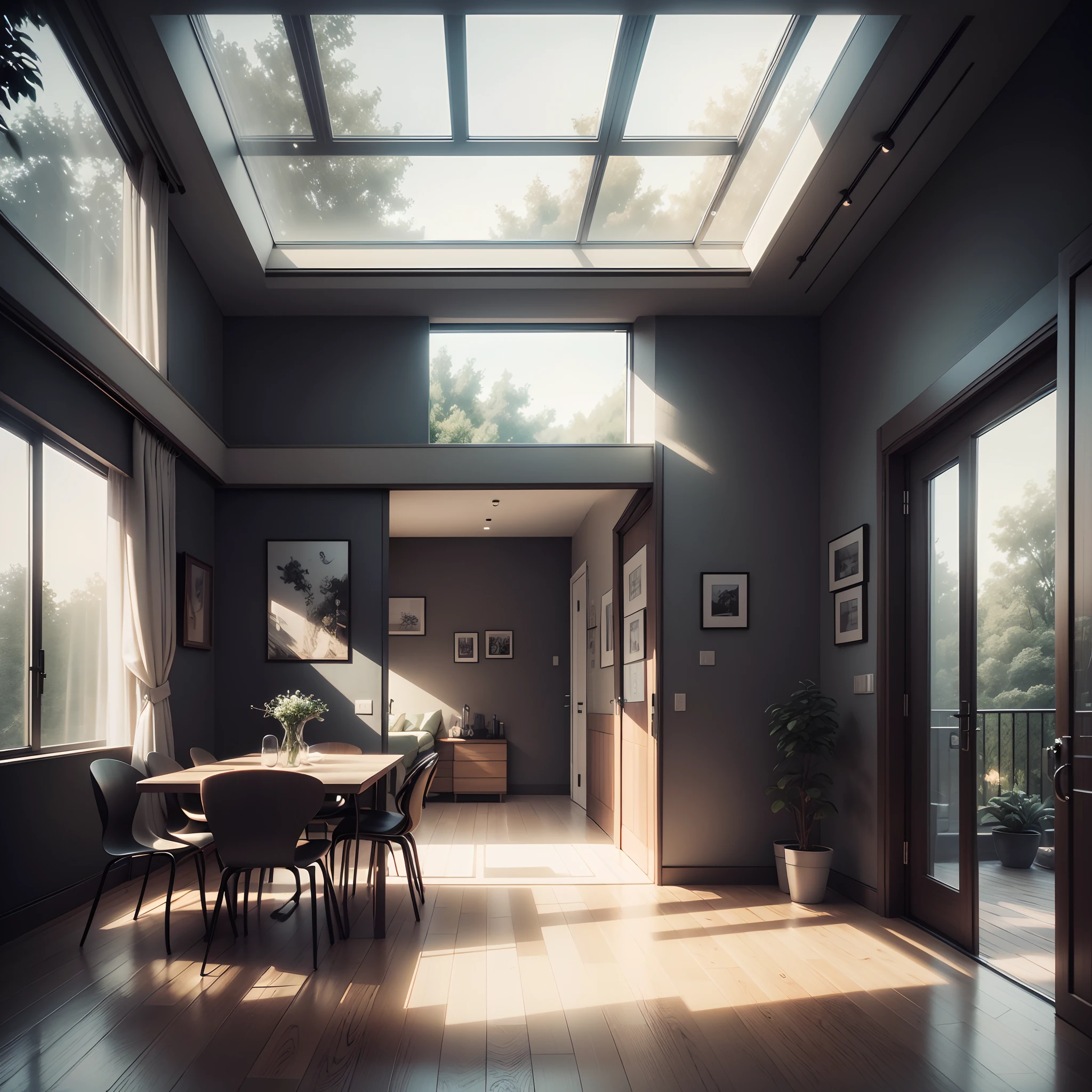 Bauhaus style house interior, glass house with a sloping roof, modern, dynamic, modern furnishings with a 1960s feel, dark muted colors, (RAW photo, real, best quality, masterpiece:1.2), (hyper realistic, photo-realistic:1.2), high quality, (dark lighting:1.2), perfect lighting, archdaily