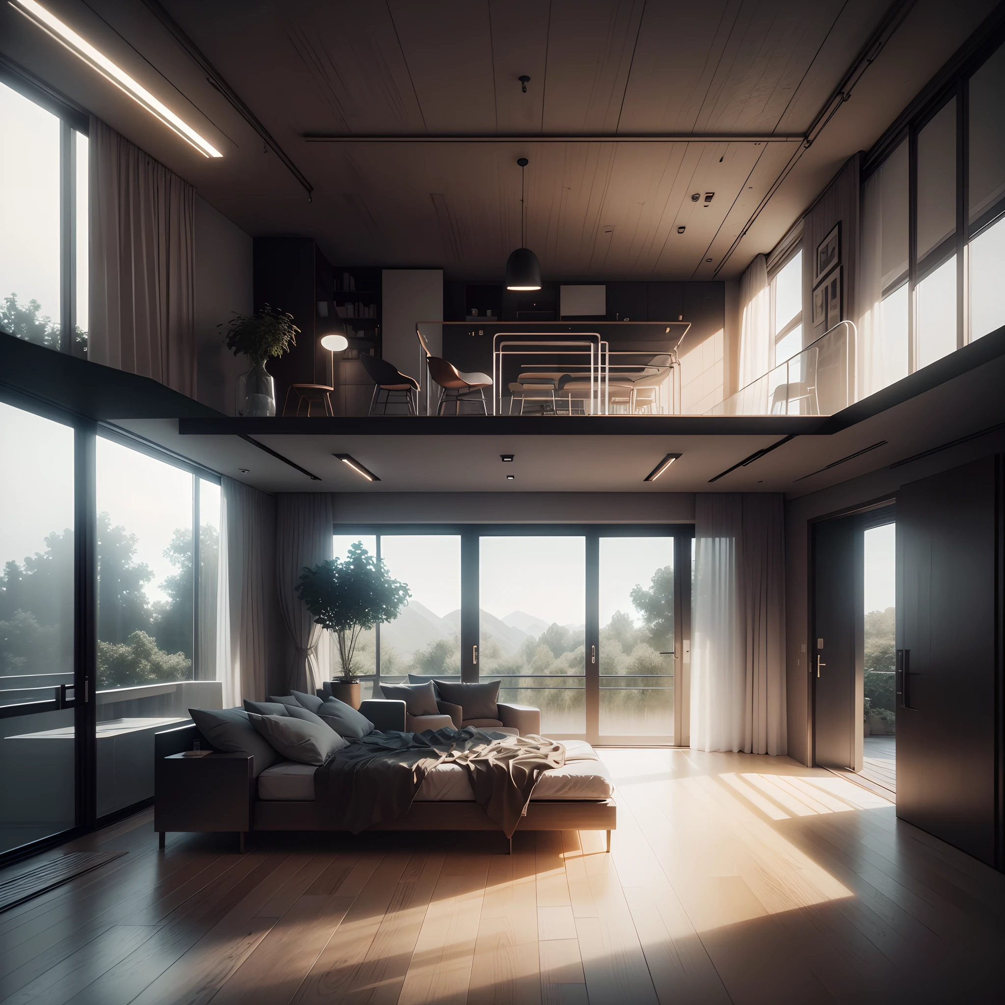 Bauhaus style house interior, glass house with a sloping roof, modern, dynamic, modern furnishings with a 1960s feel, dark muted colors, (RAW photo, real, best quality, masterpiece:1.2), (hyper realistic, photo-realistic:1.2), high quality, (dark lighting:1.2), perfect lighting, archdaily