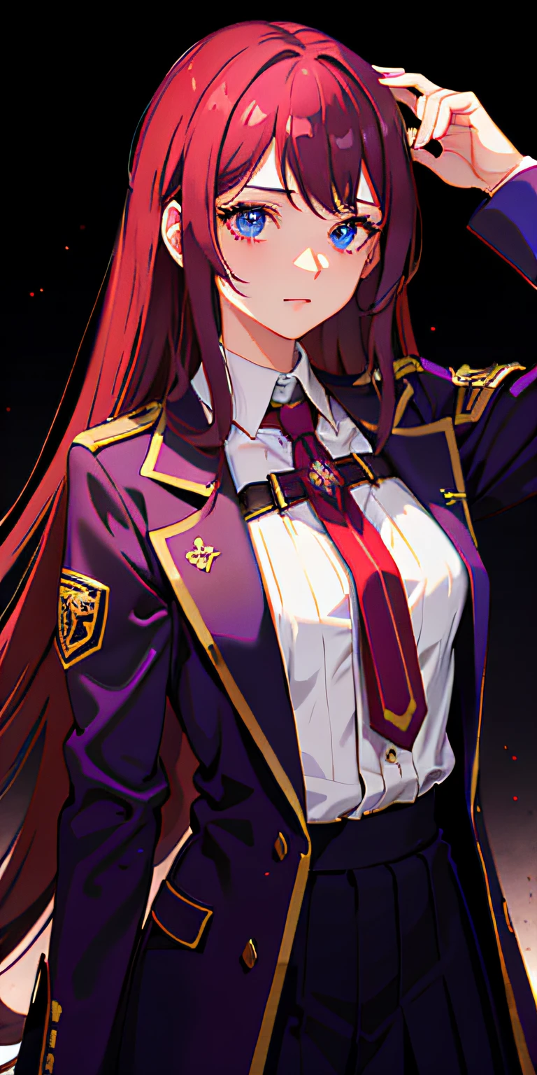 upper-body, 1 girl, 20years old, dark red long hair, long locks of hair on the front, The hair is styled on the sides, purple with blue eyes, Confident gaze,  rapier, Average Breasts, light-colored shirt on the body, Metal bib over shirt, purple jacket over bib, red cloak on a girl, wallpapers, dungeon background, particles of light,