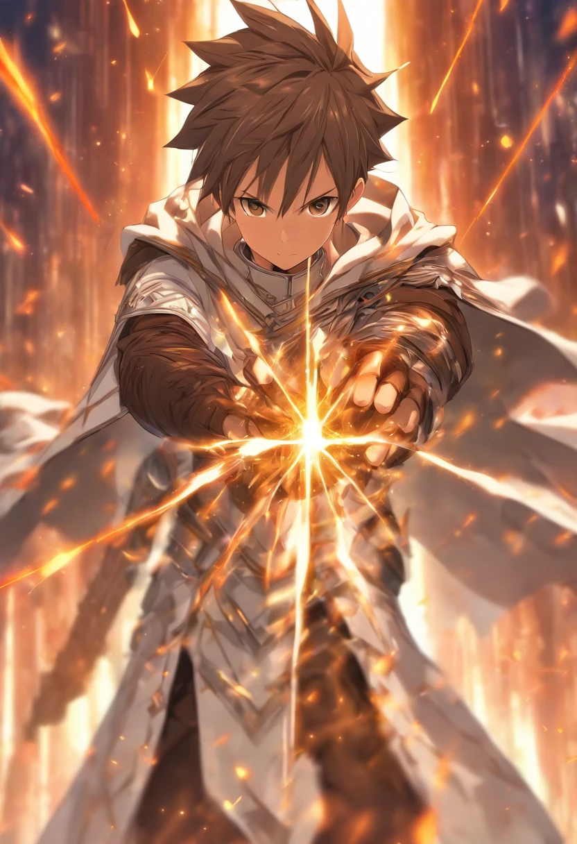 Sword Art Online, teenager boy, deep gray eyes, short spiky brown hair, dressed in a white cape with tan trim, scattered composition, animecore, digitally, enhanced, eye-catching, looking directly at the viewer, full body, pose, no Blur, VFX