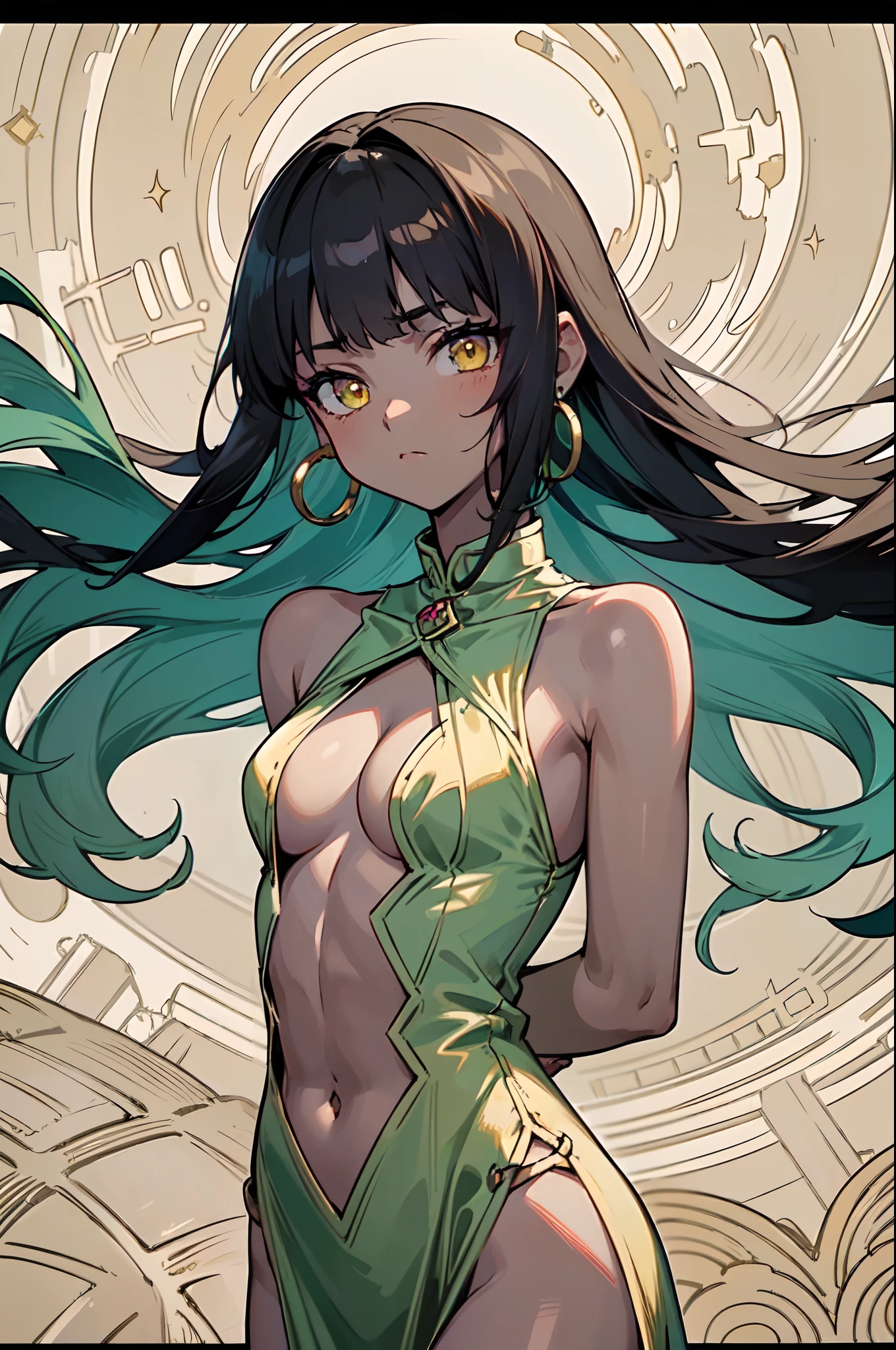 1girl, solo, , cute petigirl, (dark skin:1.3), black hair, (long hair, big hair), ((hime cut, blunt bangs, blunt sidelocks)), hair flowing down, messy hair, straight hair, yellow eyes, glowing eyes, gold earrings, egyptian clothes, colorful dress, (jade green dress, green dress, pelvic courtain, gold accesories, golden accesories), ((center cleavage cutout, bare belly)), abs, old fashioned clothes, (small breasts), inexpressive, neutral, standing, arms down, arms behind back, looking at viewer, (upper body, face focus), (impressionism, starry night, abstract background, floating), masterpiece, best quality, 16k