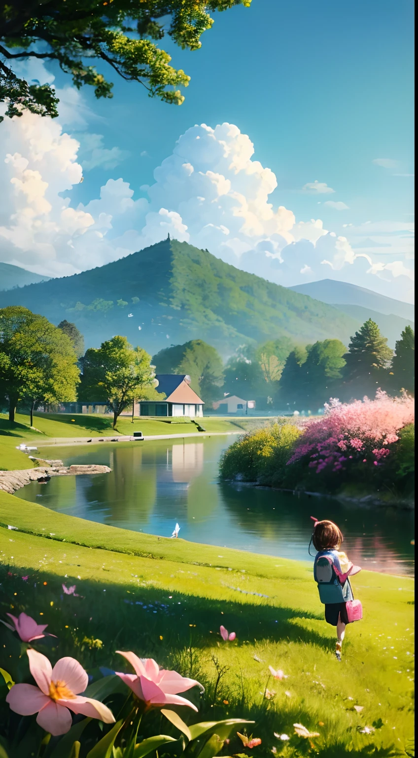 1:1、Girl Carrying Backpack、Play with adorable puppies、Enjoy a beautiful spring walk in the park、Enjoy gorgeous pink flowers and natural scenery、Incredibly charming girl。Illustrations in high resolution in 4K resolution、Features highly detailed facial features and cartoon-style visuals(Butterfly Dance)