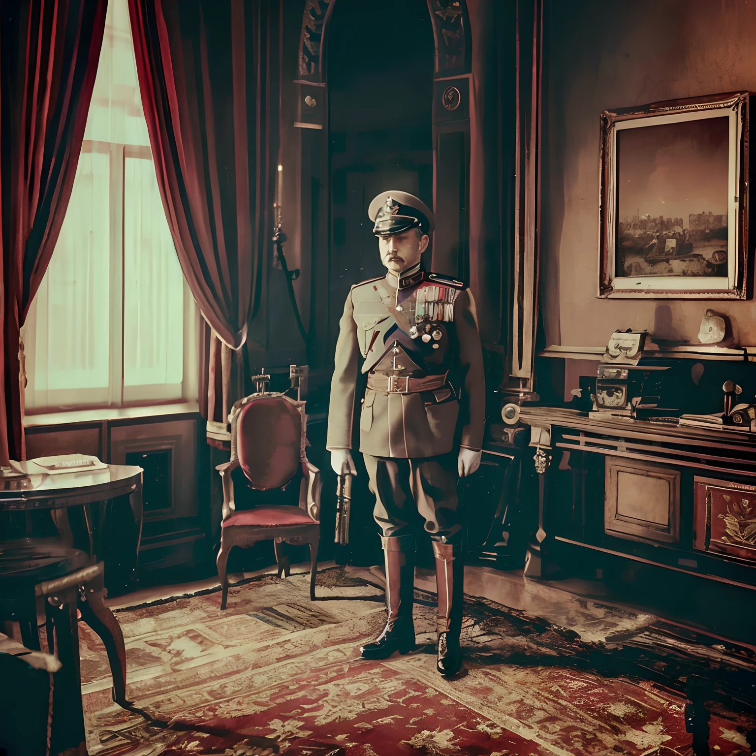 There's a man in uniform standing in a room with a red carpet, imperial russia, wearing russian ww 1 clothes, inspirado em Adolf Dietrich, dieselpunk volgogrado, iron hearts portrait style, joseph stalin, Nicholas II of Russia, xix century military outfit, president of belorussia, Sergey Zabelin, hearts of iron portrait, Grand Emperor of the Russian Empire