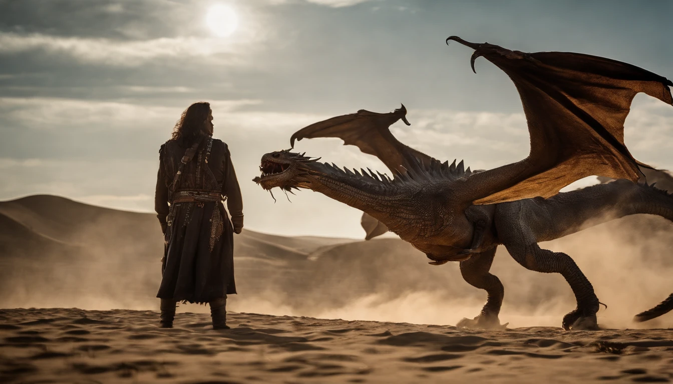 Steppe nomad, Fighting the dragon, Blue sky, Sea coast, steppe nomad fighting the dragon. Dark theme, dragon with fire coming out of its mouth