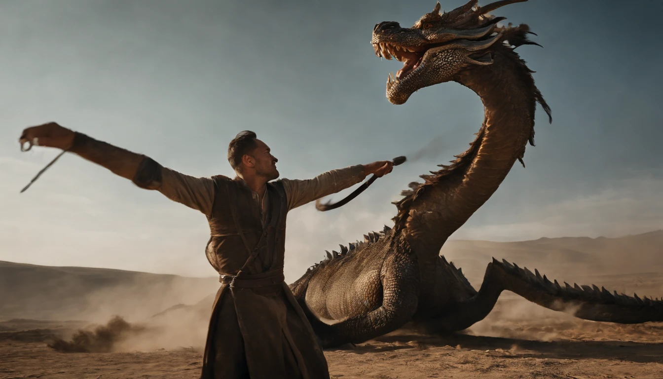 Steppe nomad, Fighting the dragon, Blue sky, Sea coast, steppe nomad fighting the dragon. Dark theme, dragon with fire coming out of its mouth