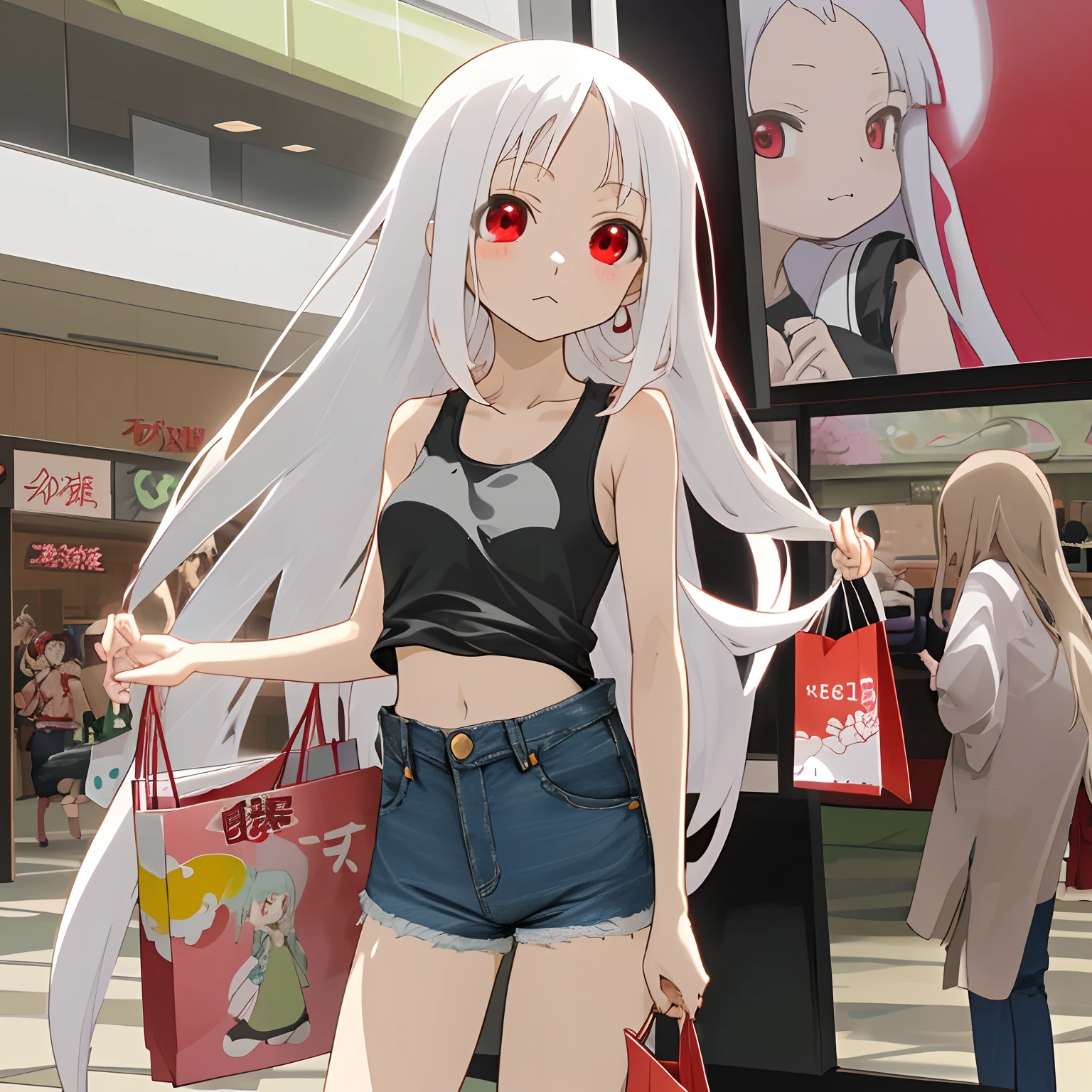 Anime, cute, kaguya, long white hair, ruby red eyes, japanese, loli, shopping mall, tank top, low waist denim shorts or skirt.
