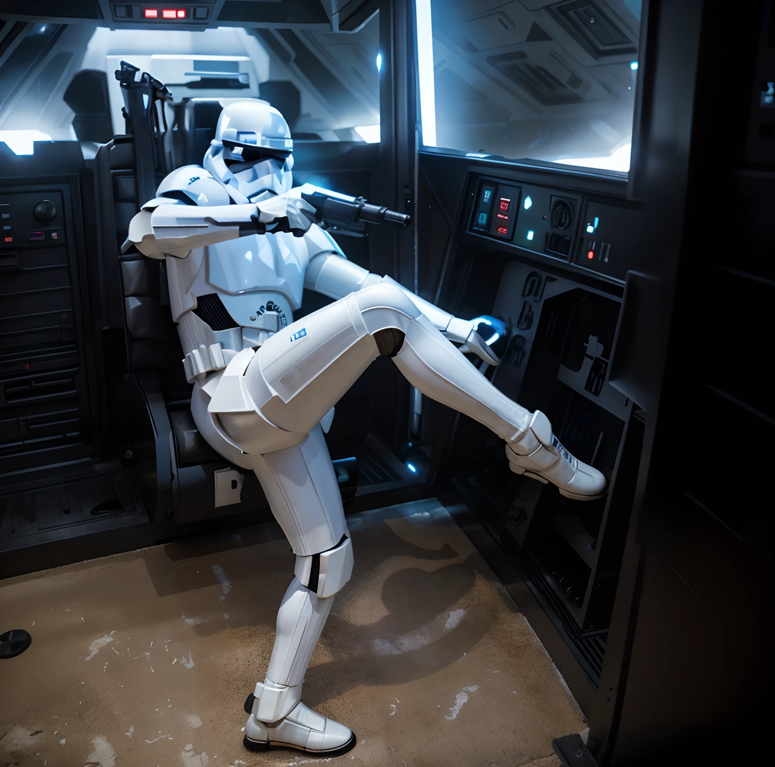 Two Dead bodies of Stormtrooper girl in topless white uniform (white shorts and boots) with a helmet with small tiny flat breasts lying on the ground eyes closed in a spaceship