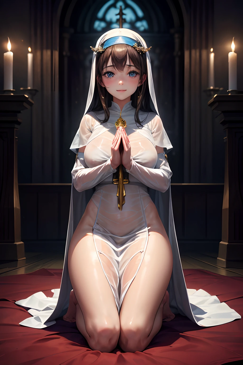 Picture like a photo, ultra-detailliert, Beautifully Aesthetic, (European girl), ((Transcendent Beautiful Girl)), ((delicated face)), Beautiful lips, (Delicat eyes), (Beautiful eyes), perfect proportions, (Beautiful udder), Beautiful nipples, wetted skin, seductive smile, ((Transparent monastic dress)), catholic nun, Kneel down, ((put your hands together in prayer)), full body seen, Dimly lit monastery, You can see the flame of a candle in the back, depth of field, Textured skin, Anatomically correct, high details