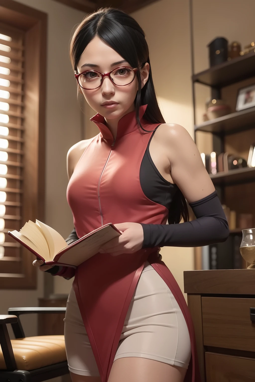 There is a woman in a red and black outfit holding a book, gama murata e artgerm, Irelia de League of Legends, como personagem de overwatch, Como um personagem de Overwatch, Mai Shiranui, Samira de League of Legends, Senna de League of Legends, Alena Aenami e Artgerm, cosplay completo, rosto perfeito, pele clara, cor de pele clara, cabelos curtos, sarada boruto, olhos vermelhos