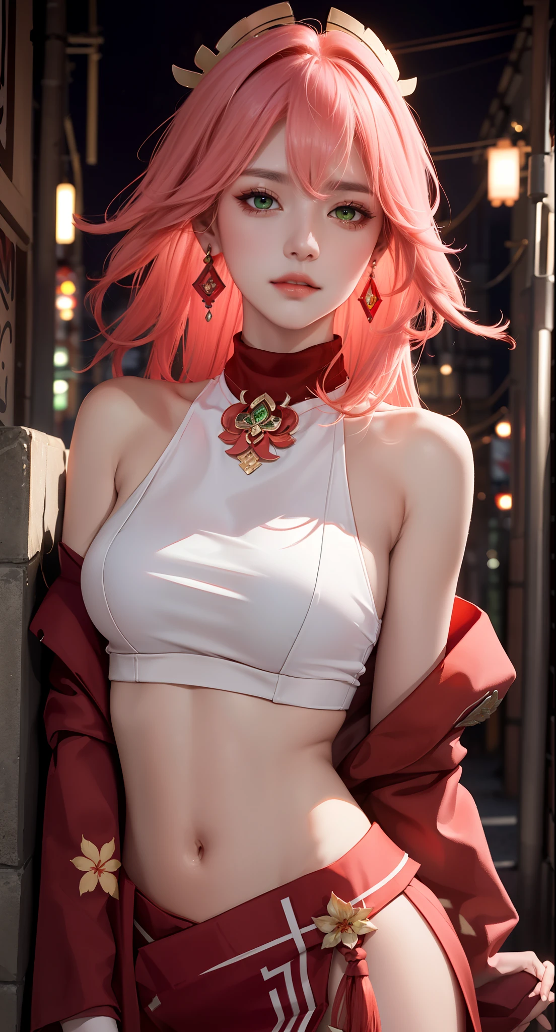 (Masterpiece, Excellent, 1girl, solo, complex details, color difference), realism, ((medium breath)), off-the-shoulders, big breasts, sexy, Yae Miko, long pink hair, red headdress, red highlight, hair above one eye, green eyes, earrings, sharp eyes, perfectly symmetrical figure, choker, neon shirt, open jacket, turtleneck sweater, against the wall, brick wall, graffiti, dim lighting, alley, looking at the audience, ((mean, seductive, charming)), ((autumn background))), ((tokyo background)))), (((luminous background))), (dynamic pose), tulle, bare shoulders, blooming flower fields, radiant skin, faint smile, sexy, bust, no breast cover, naked, cocked ass, tummy look