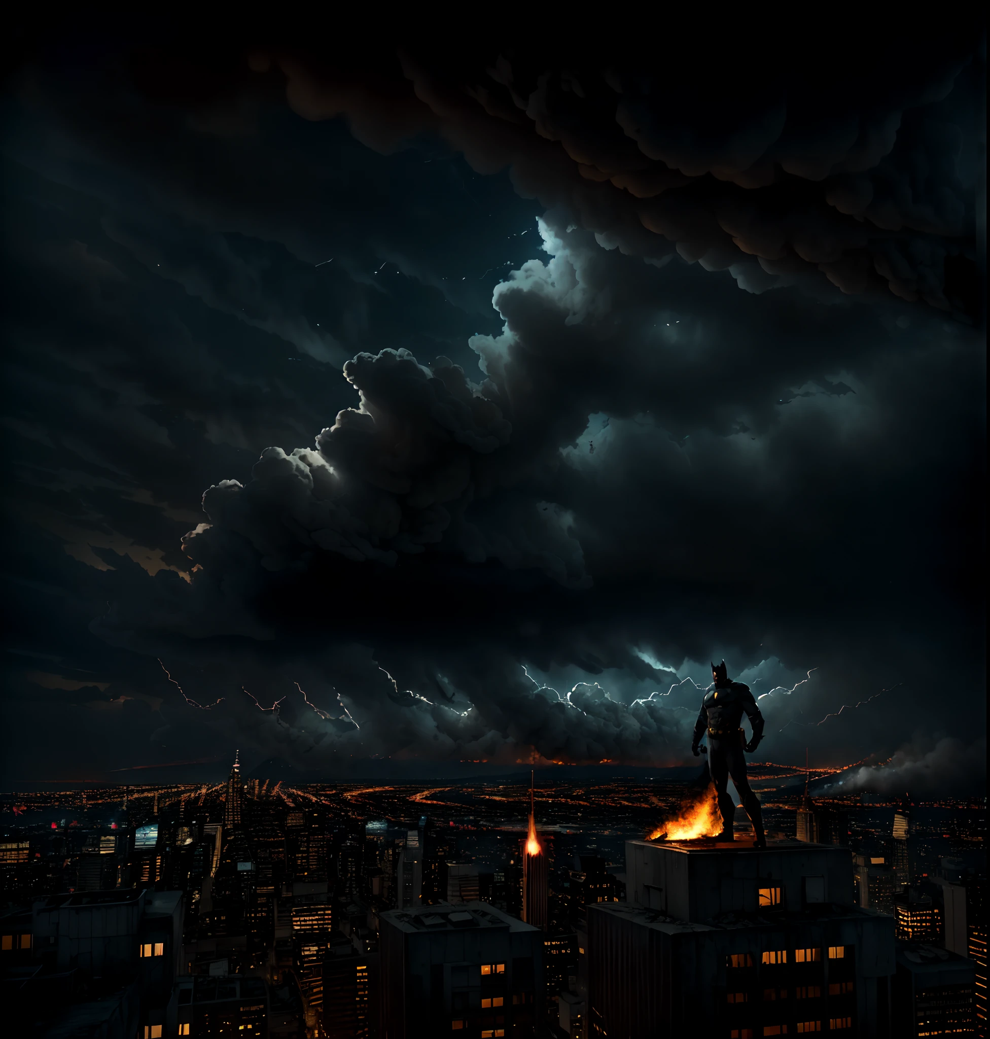 Compose a breathtaking panoramic scene featuring Batman standing on a Gotham rooftop, overlooking the city's devastation. Use the EE 70mm lens on a Nikon D850 camera to capture the grandeur of the scene. Render it in high-resolution 8K for the utmost detail and realism. Portray Gotham City in a photorealistic, hyper-detailed style, with crumbling buildings, billowing smoke, and fiery chaos. Batman should stand as a symbol of strength and determination, with his iconic silhouette sharply defined against the apocalyptic backdrop. Employ HDR techniques to accentuate the contrast between darkness and the flames. Ensure the composition is epic and cinematic, delivering a sense of the city's dire fate
