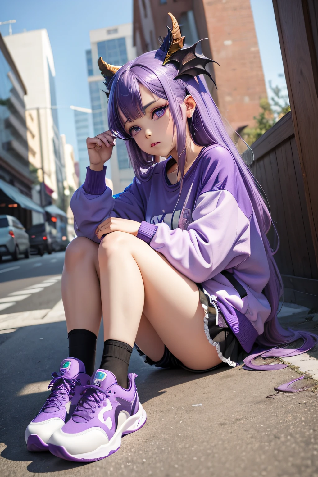 Anime girl, Purple Hair, Blue eyes, Dragon Hybrid, Purple Sneakers