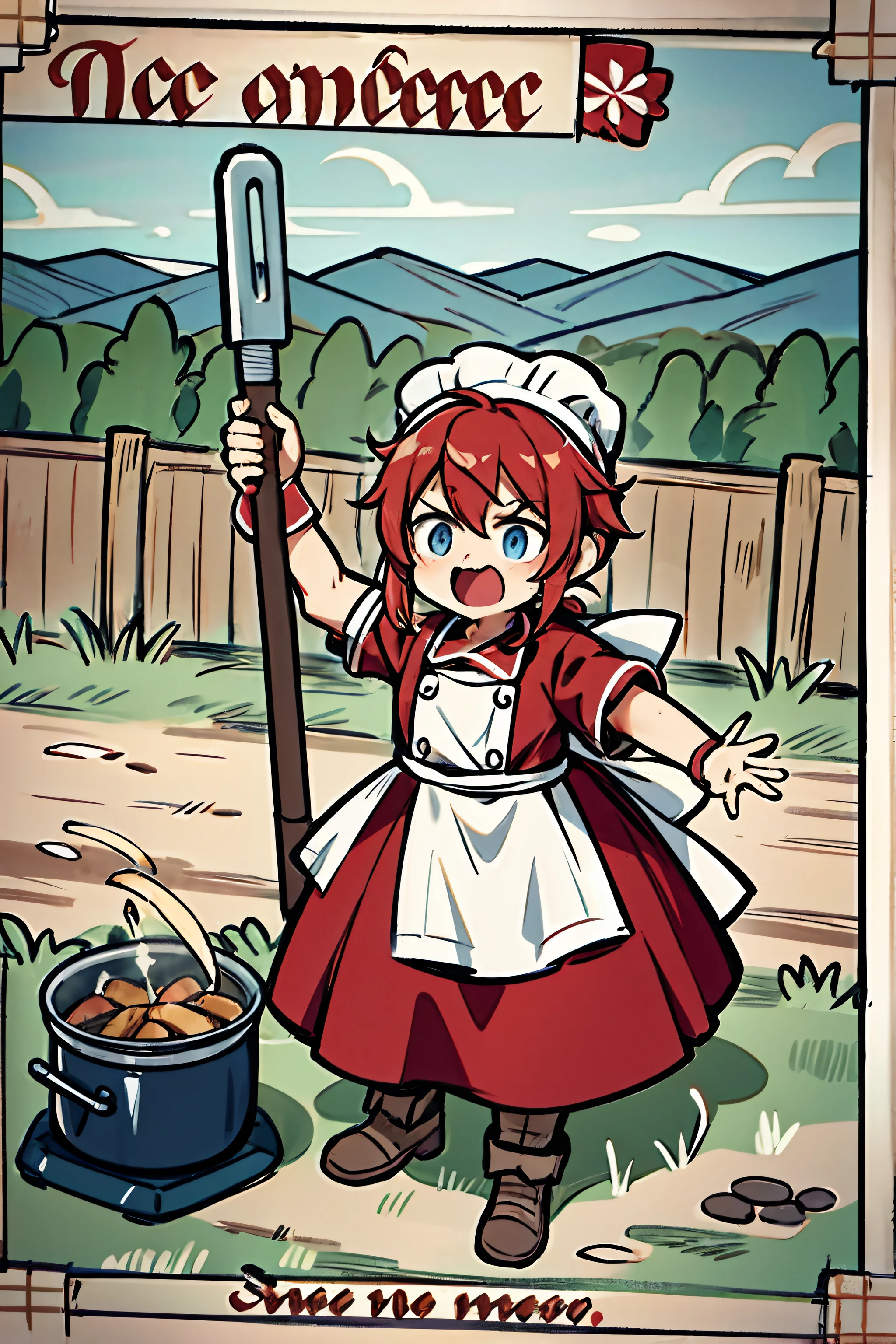 a chef, cooker, cooking, cook master, shouting, fryer in hand, kitchen chef, food flying around, food everywhere, mature, tough, war, war campo, war field, battlefield, on action, RPG, rpg class, class design, rpg character, rpg game, game character, battlefield, campfire, by bestiary_style, masterpiece, best quality, perfect arms, perfect hands, high detailed hands, best quality hands, perfect fingers, high detail face