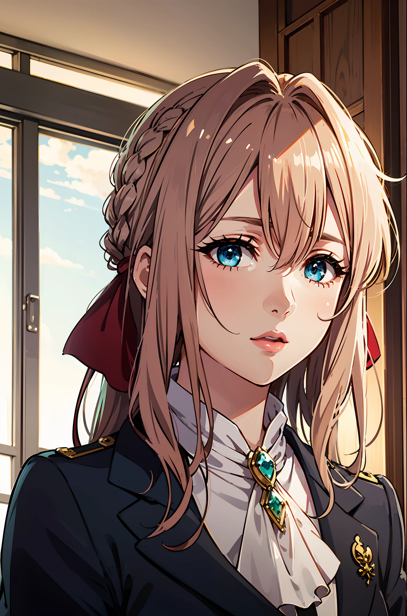 violet, 1girl, 独奏, looking a viewer, blue eyes, blonde hair, band, Hair between the eyes, Jewelry, closed mouth, jacket, hair ribbon, upper-body, braid, exteriors, skye, Day, Cloud, blurry, red ribbon, blue skies, ascot, blurred background, hair intake, blue jacket, brooch, white ascot, Masterpiece, the anime,
