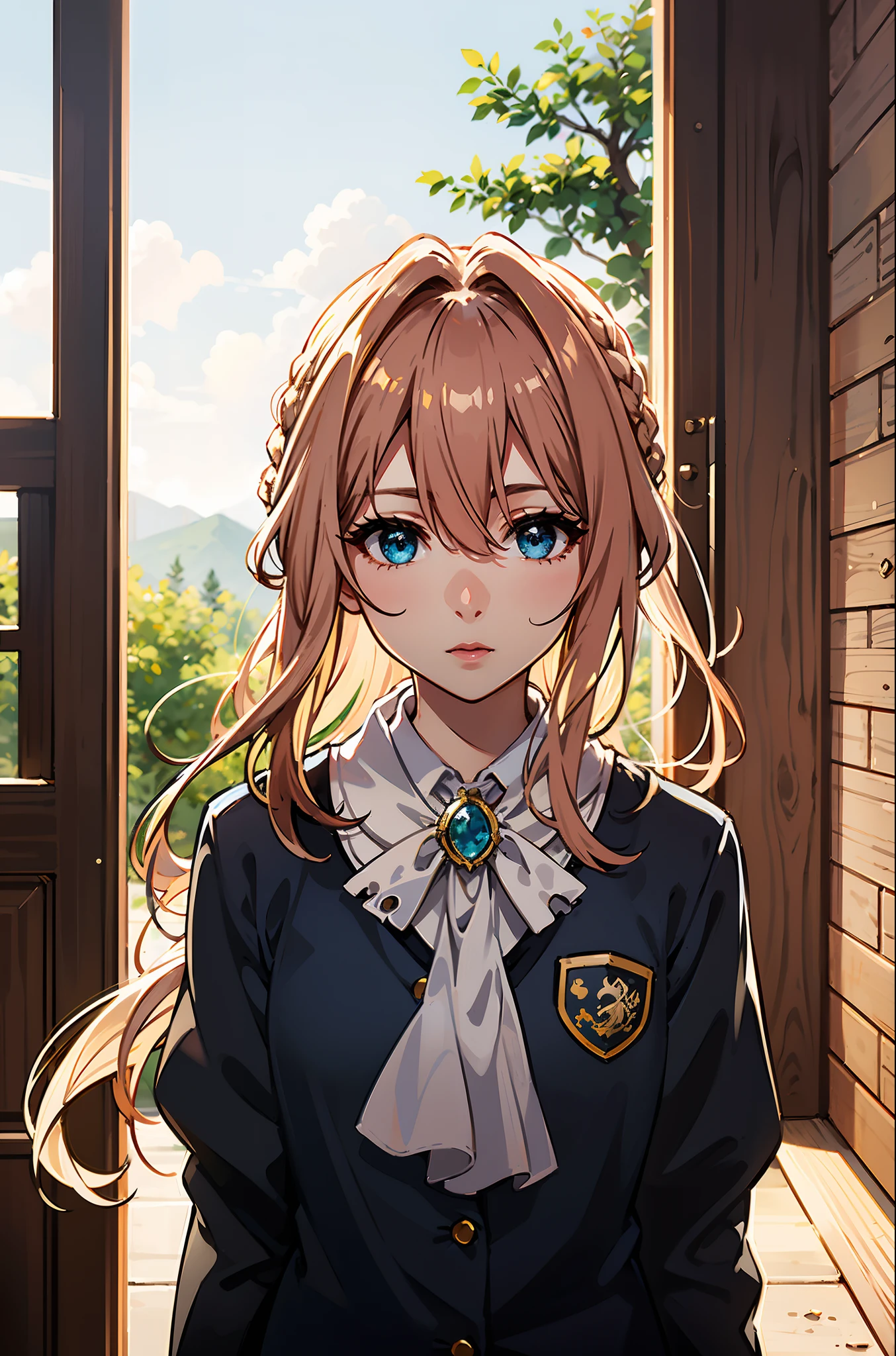 violet, 1girl, 独奏, looking a viewer, blue eyes, blonde hair, band, Hair between the eyes, Jewelry, closed mouth, jacket, hair ribbon, upper-body, braid, exteriors, skye, Day, Cloud, blurry, red ribbon, blue skies, ascot, blurred background, hair intake, blue jacket, brooch, white ascot, Masterpiece, the anime,