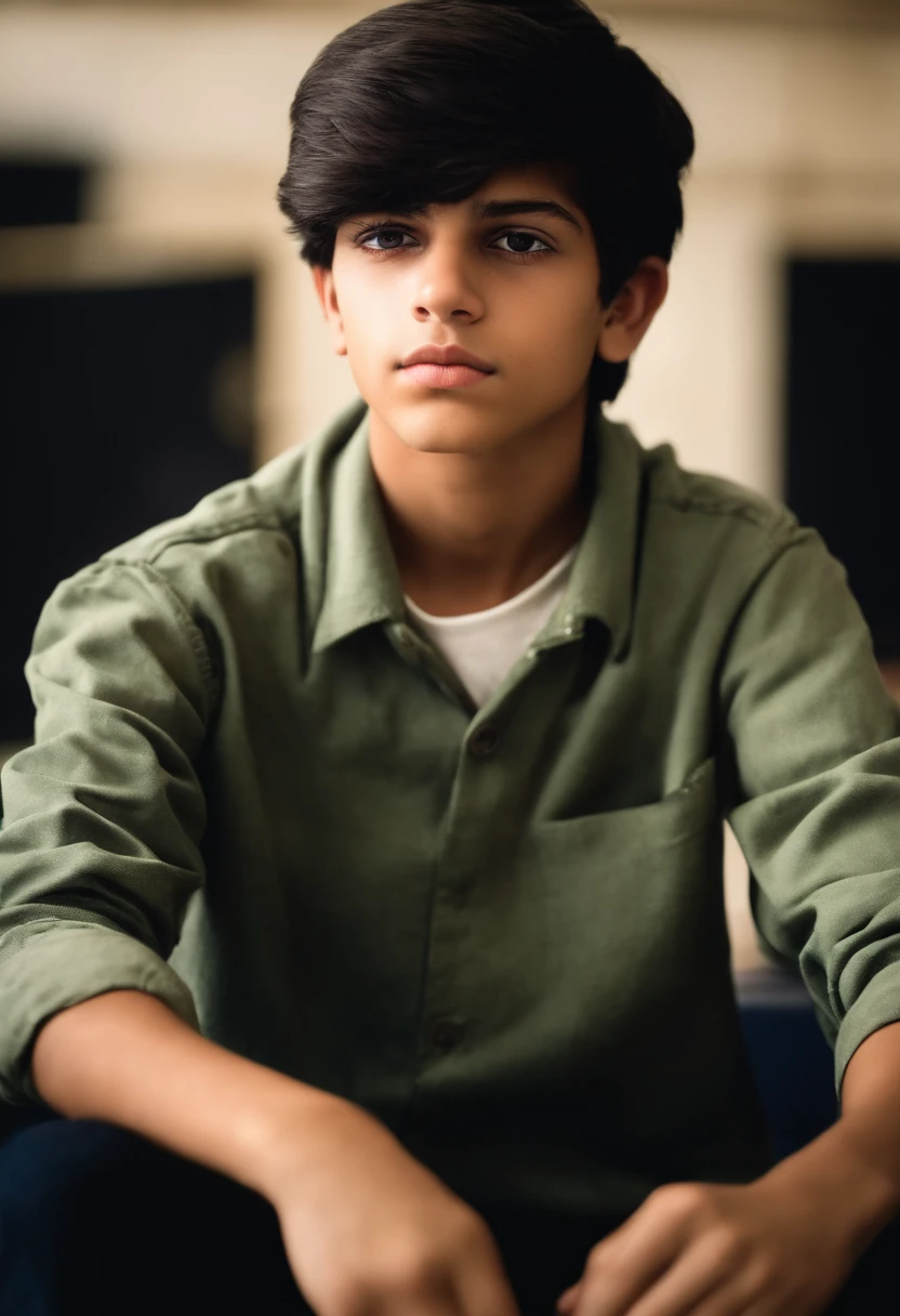 Boy with black hair and brown eyes in a school with tired expression, 16 anos de idade, pardo, olhar afiado,