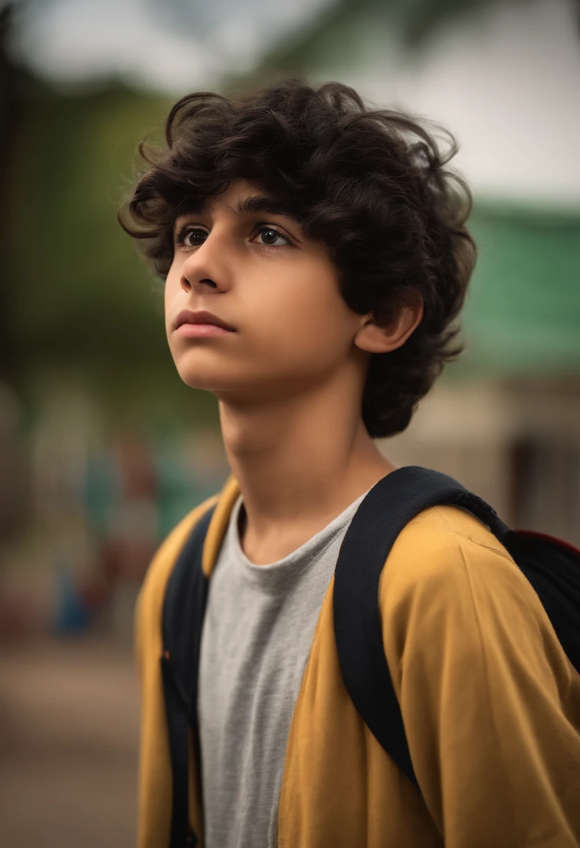 Boy with black hair and brown eyes in a school with tired expression,  anos de idade, pardo, olhar afiado,