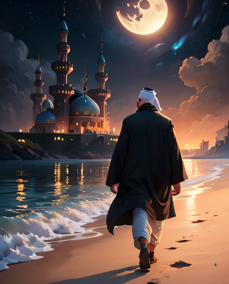 muslim man walking on the beach at night with a mosque in the background, 8k stunning artwork, concept art wallpaper 4k, inspired by Andreas Rocha, andreas rocha style, inspired by Cyril Rolando, a beautiful artwork illustration, 4k highly detailed digital art, concept art | rhads, beautiful art uhd 4 k, 8k hd wallpaper digital art, million of stars, moon --auto