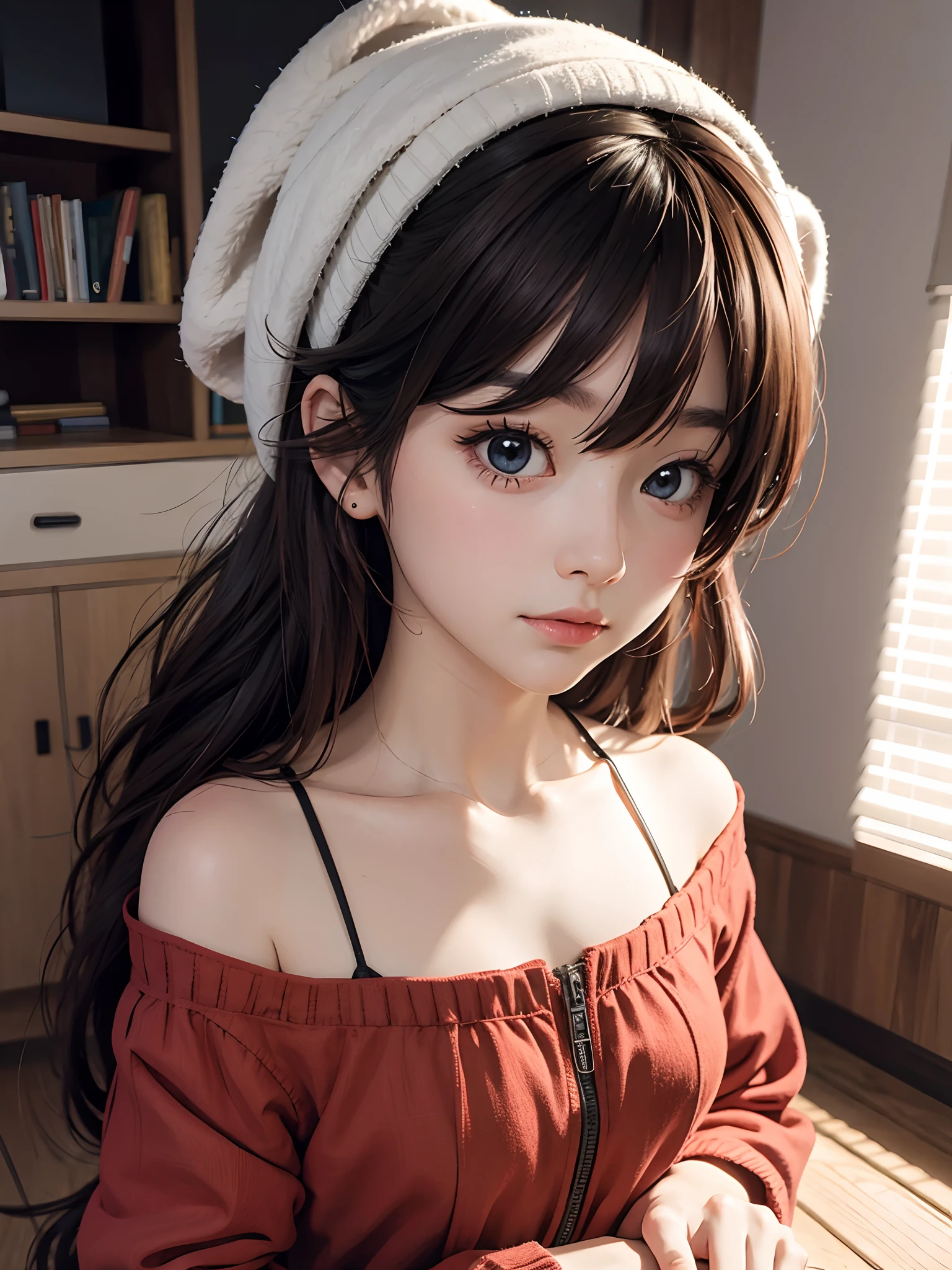 (16k ultra-fine CG wallpaper, masterpiece, excellent picture quality, super delicate), (excellent light and shadow, delicate and beautiful), real smooth skin, bright face, 18K close-up perfect display, girl wearing dress, bare shoulders, lying prone on the white big bed, multicolored jewel-like eyes looking at you.