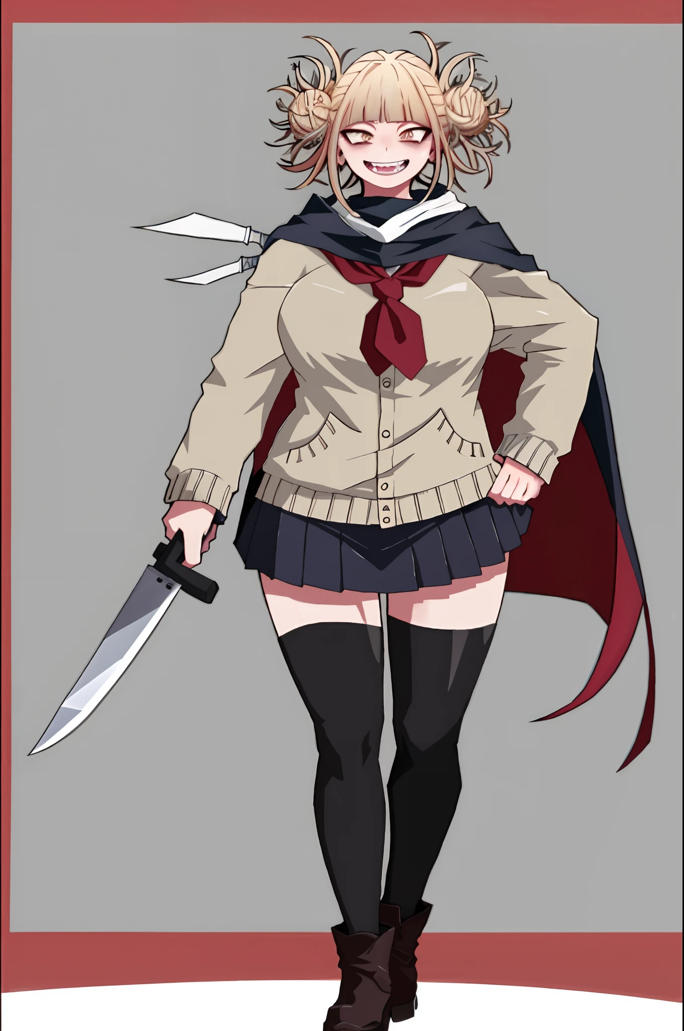 Toga Himiko , full body, standing ,smile, sharpteeth,cloak, fantasy, knife holding, long skirt,, big breast, curvy, solo, boots