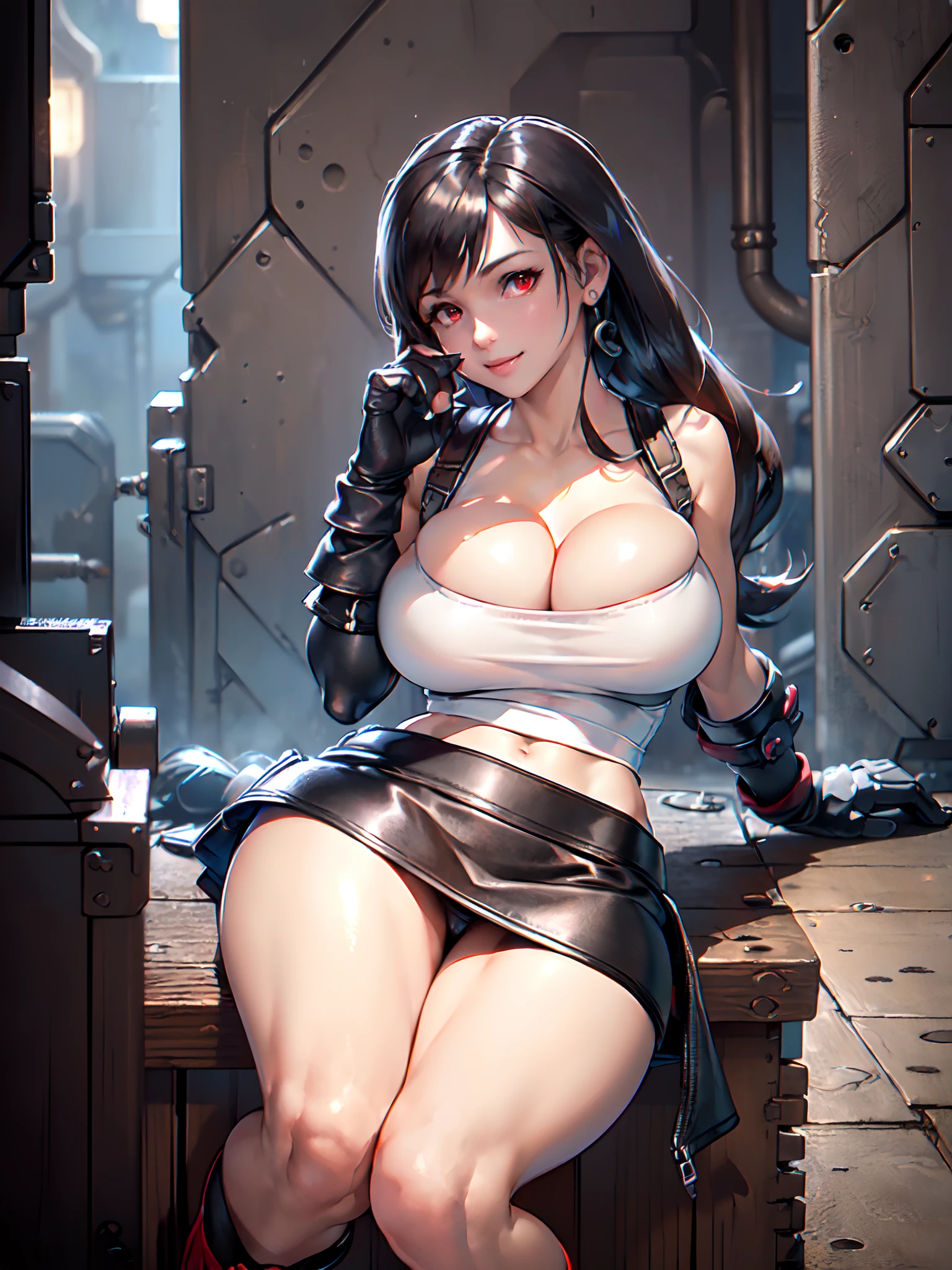 (8k, best quality, masterpiece:1.2), (realistic, photo-realistic:1.37), ultra-detailed, 1 girl,cute, solo, (tifa lockhart), ((huge breasts:1.6),(beautiful detailed eyes), (smile:1.4), winking (closed mouth), erotic pose, outside an industrial factory, depth of field, dark intense shadows, sharp focus, depth of field, good composition, Final Fantasy VII, (white tank top:1.2), (black leather mini skirt:1.5) (red gloves and boots) (full body:1.5), head rest, lips, pretty face, ((red eyes:1.3)), (night:1.2), intricate, bokeh, (Tetsuya Nomura style), nsfw, perfect breasts, view from below